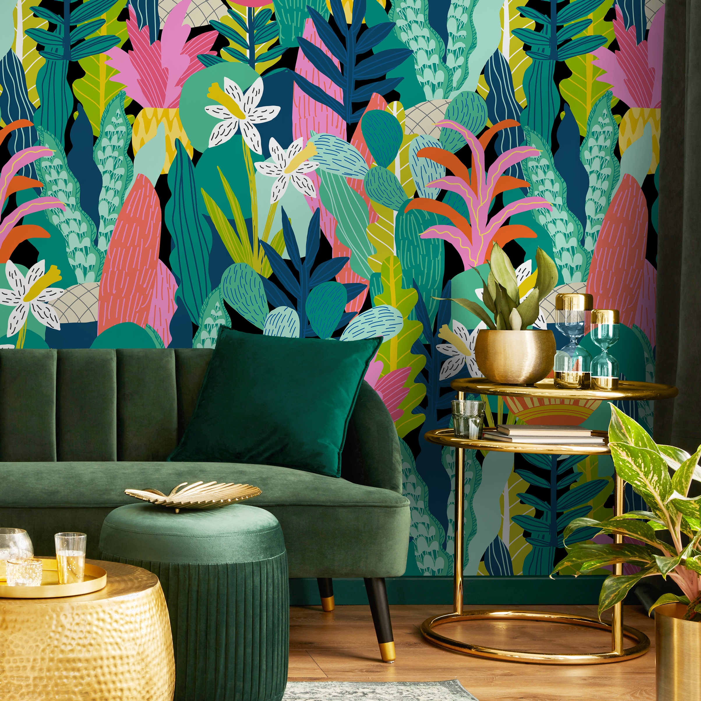Botanical Wallpaper With A Stylized Jungle Motif In Pink, Green, And Orange - C687