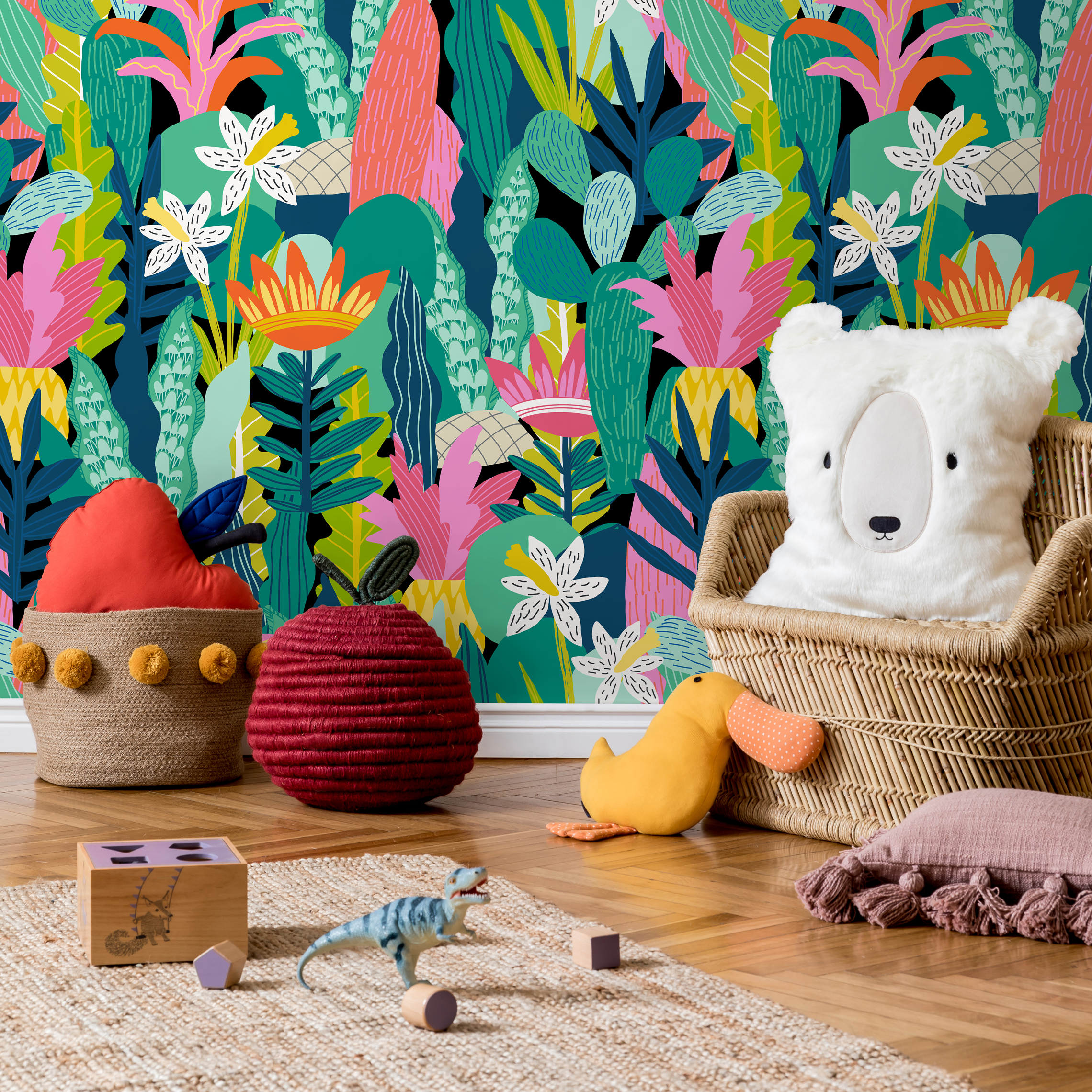 Botanical Wallpaper With A Stylized Jungle Motif In Pink, Green, And Orange - C687