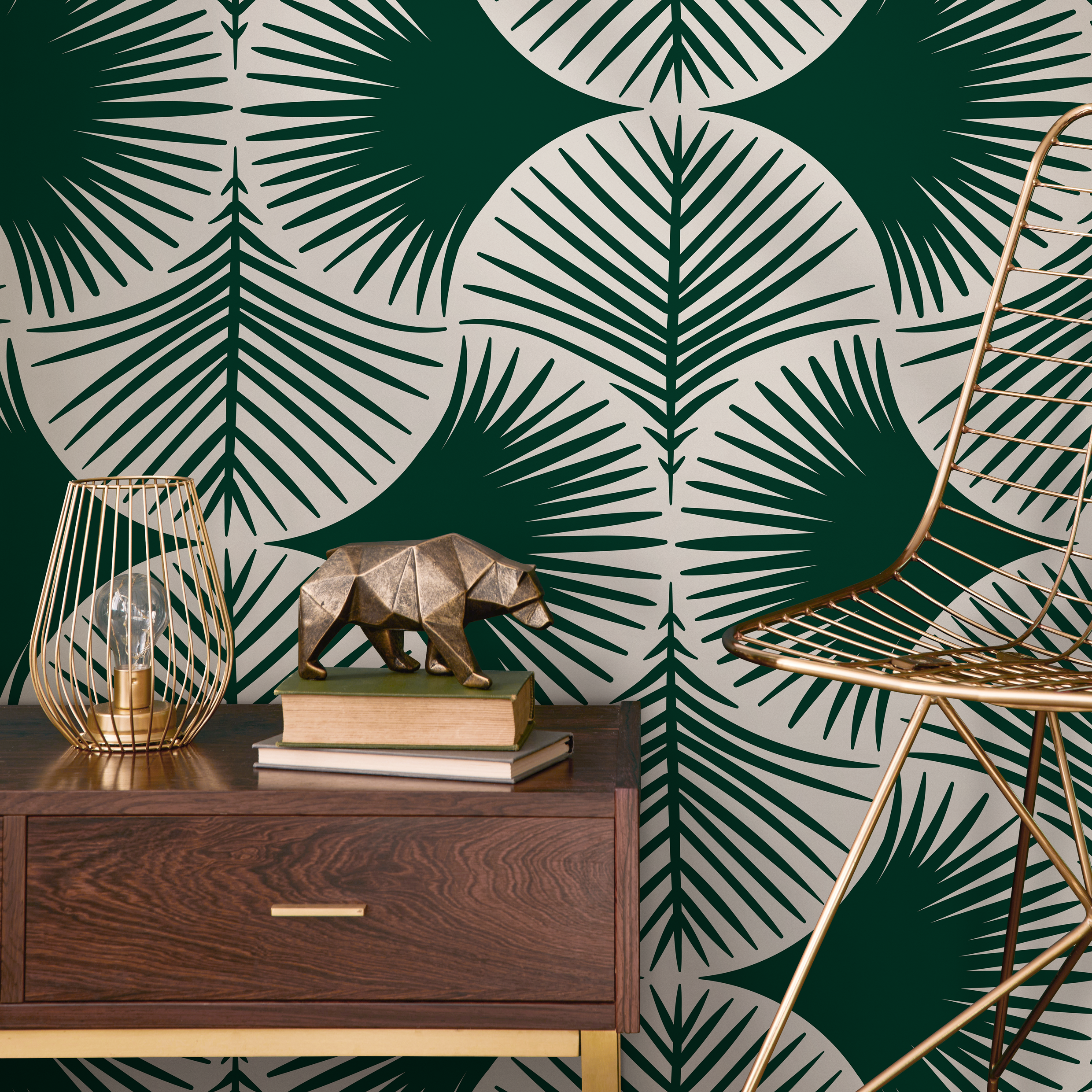 Botanical Wallpaper With A Modern Palm Fan Motif In Green And White - C688