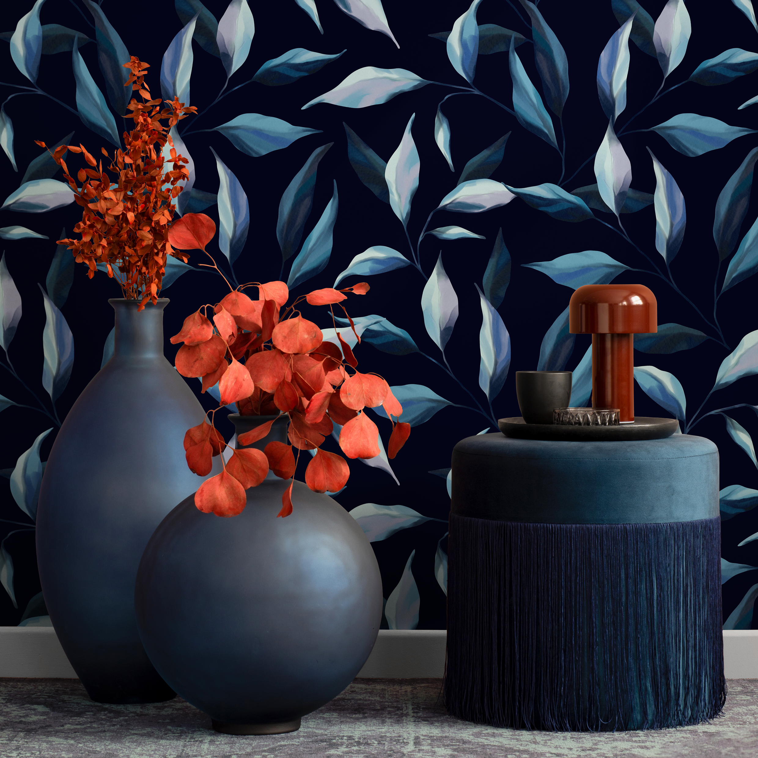 Botanical Wallpaper Featuring Cascading Fern Leaves In Navy And Blue - C690