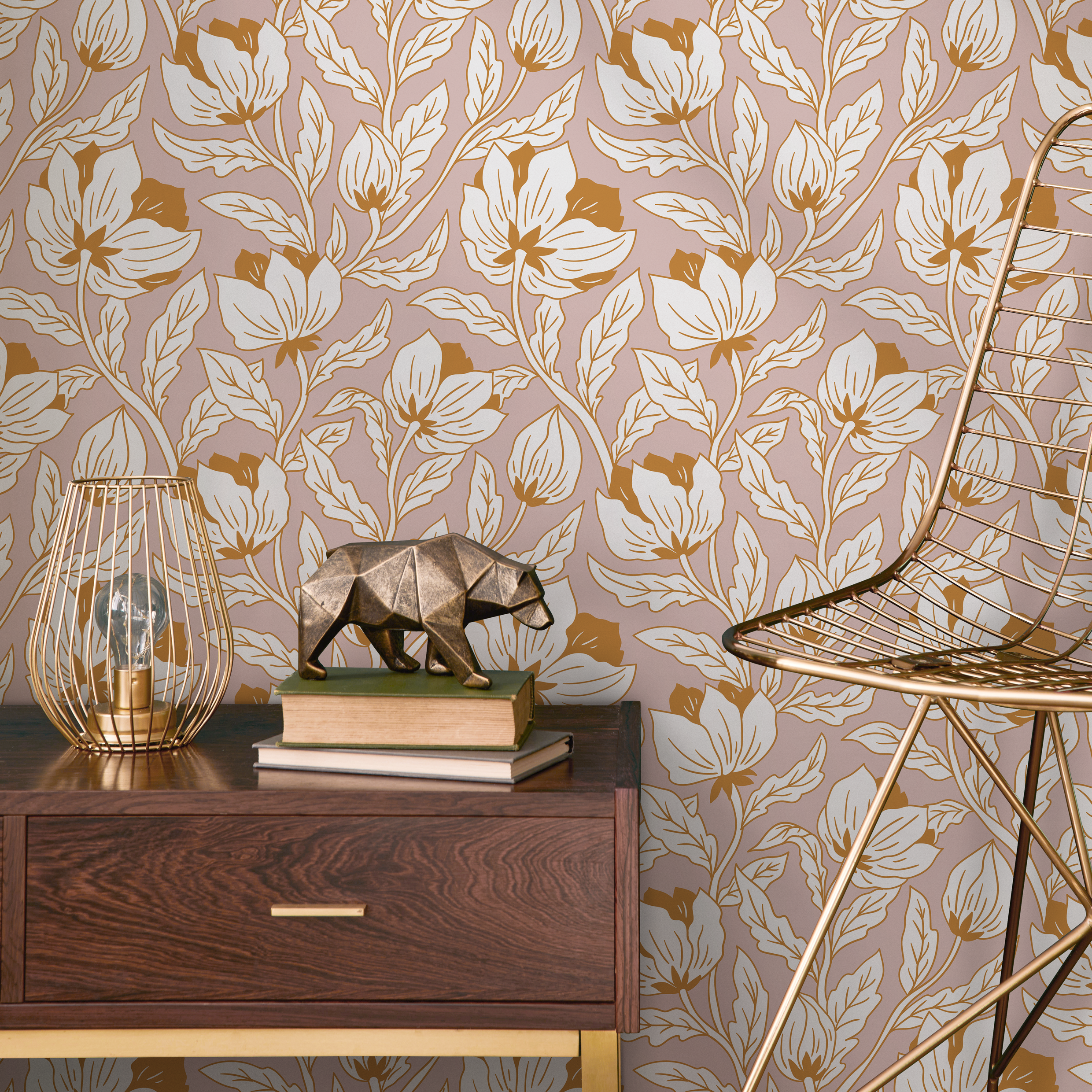 Art Nouveau Wallpaper With A Stylized Floral Motif In Pink, Cream, And Gold - C695