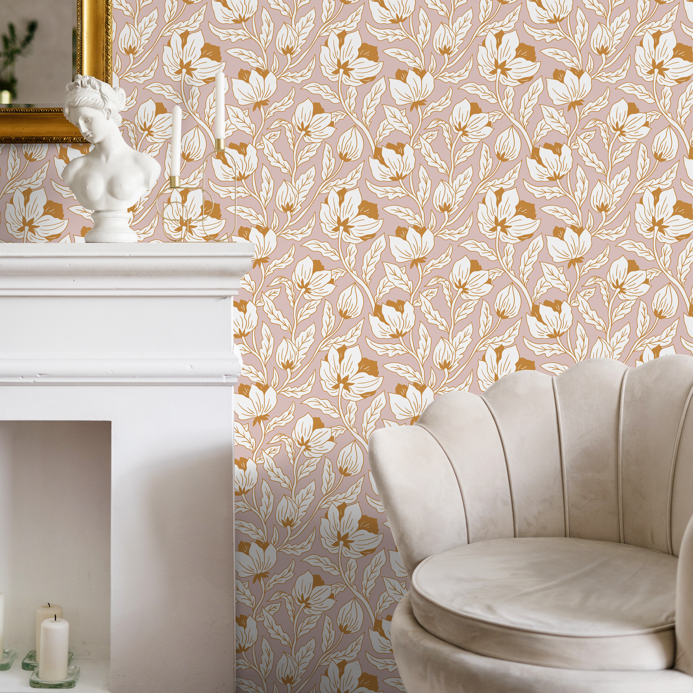 Art Nouveau Wallpaper With A Stylized Floral Motif In Pink, Cream, And Gold - C695