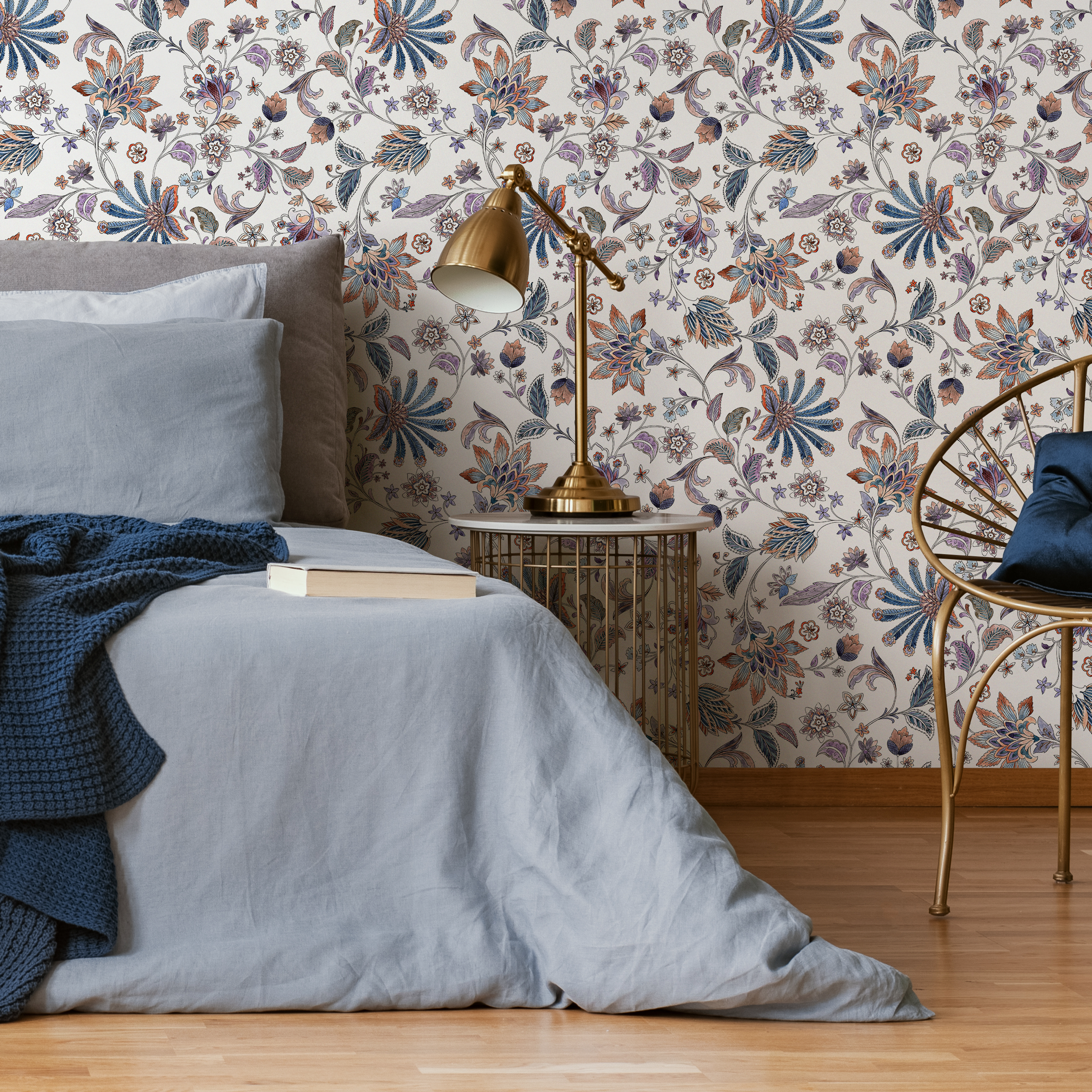 Floral Wallpaper With An Intricate Chintz Motif In Blue, Orange, And Purple - C696