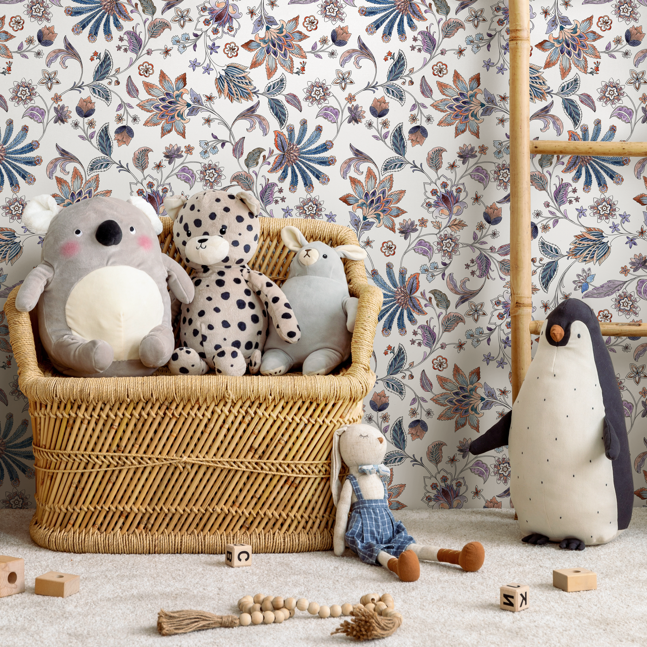 Floral Wallpaper With An Intricate Chintz Motif In Blue, Orange, And Purple - C696