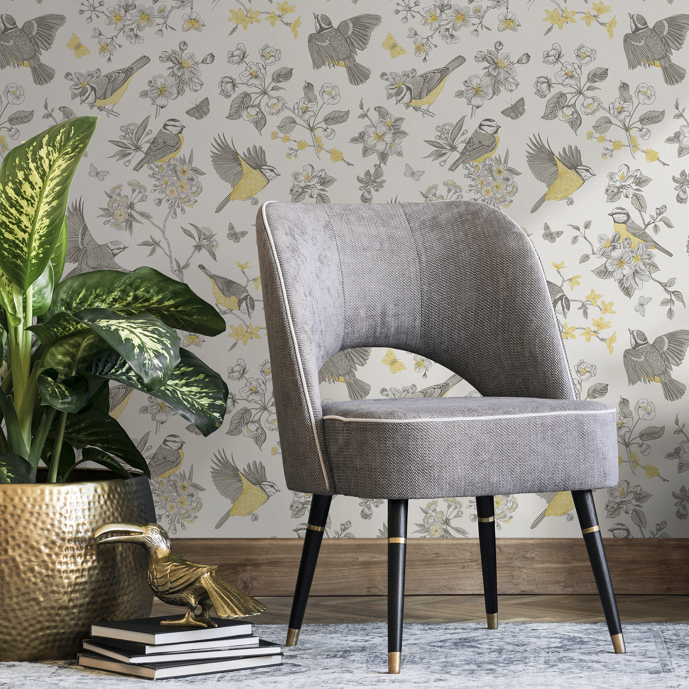 Bird Wallpaper Featuring Flowering Branches In Grey And Yellow - C697