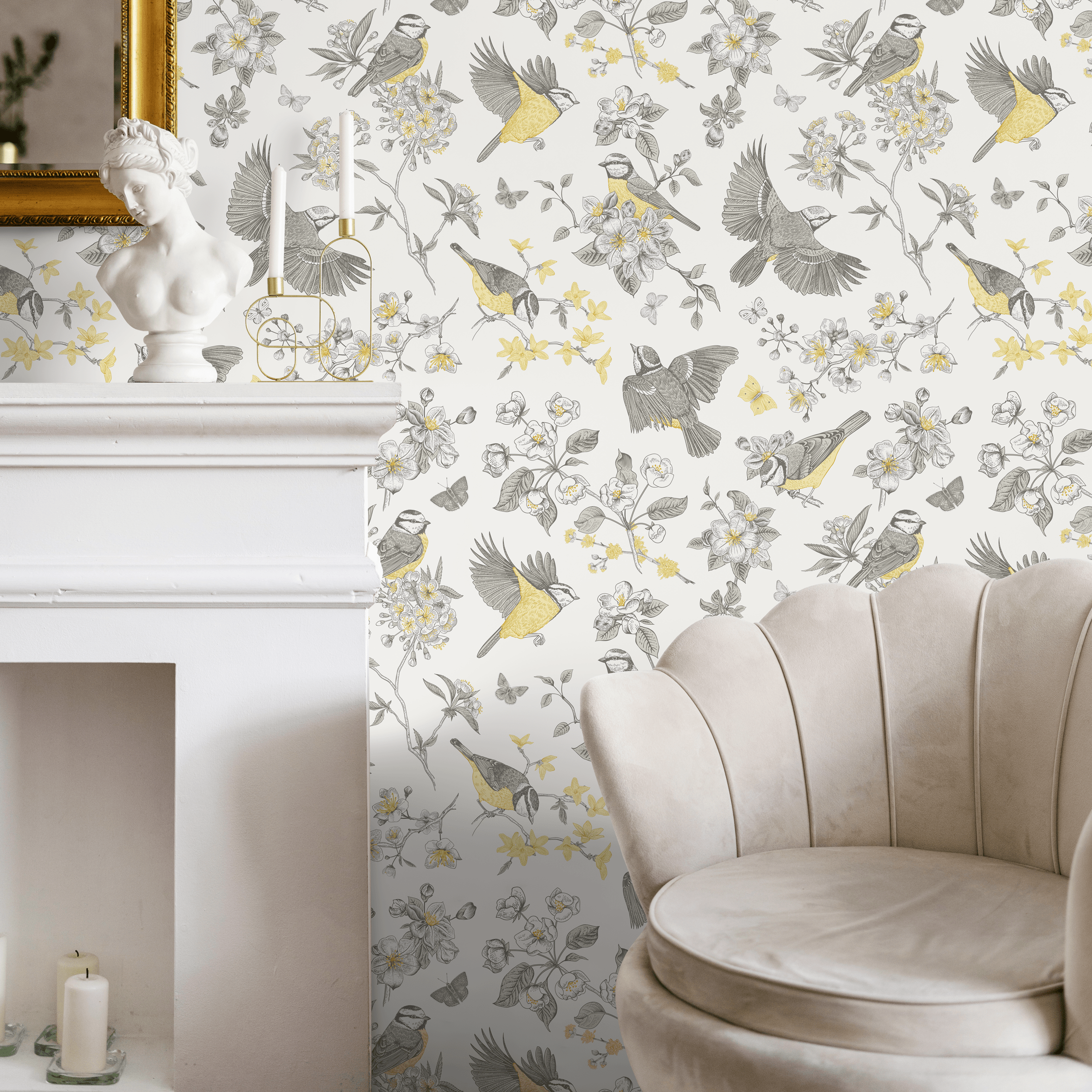Bird Wallpaper Featuring Flowering Branches In Grey And Yellow - C697