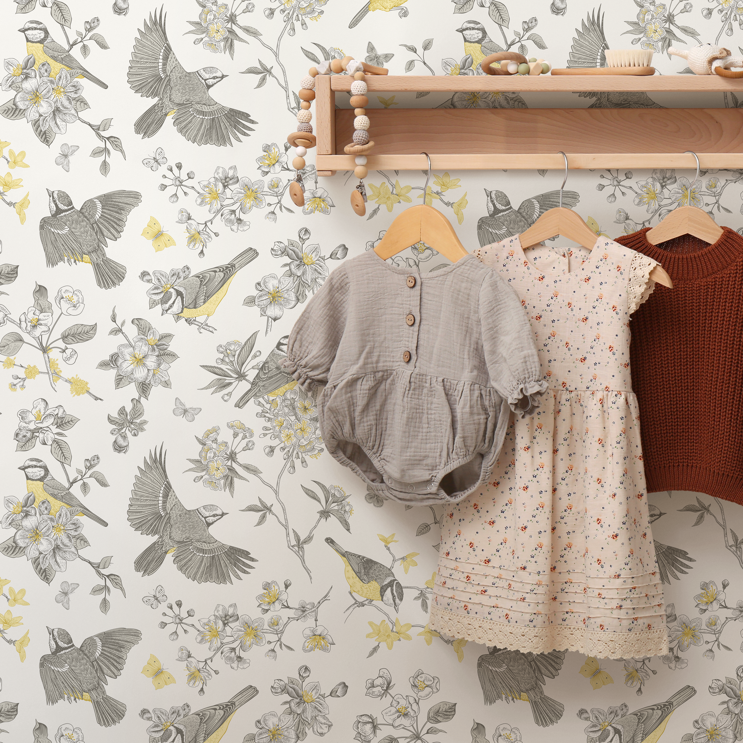 Bird Wallpaper Featuring Flowering Branches In Grey And Yellow - C697