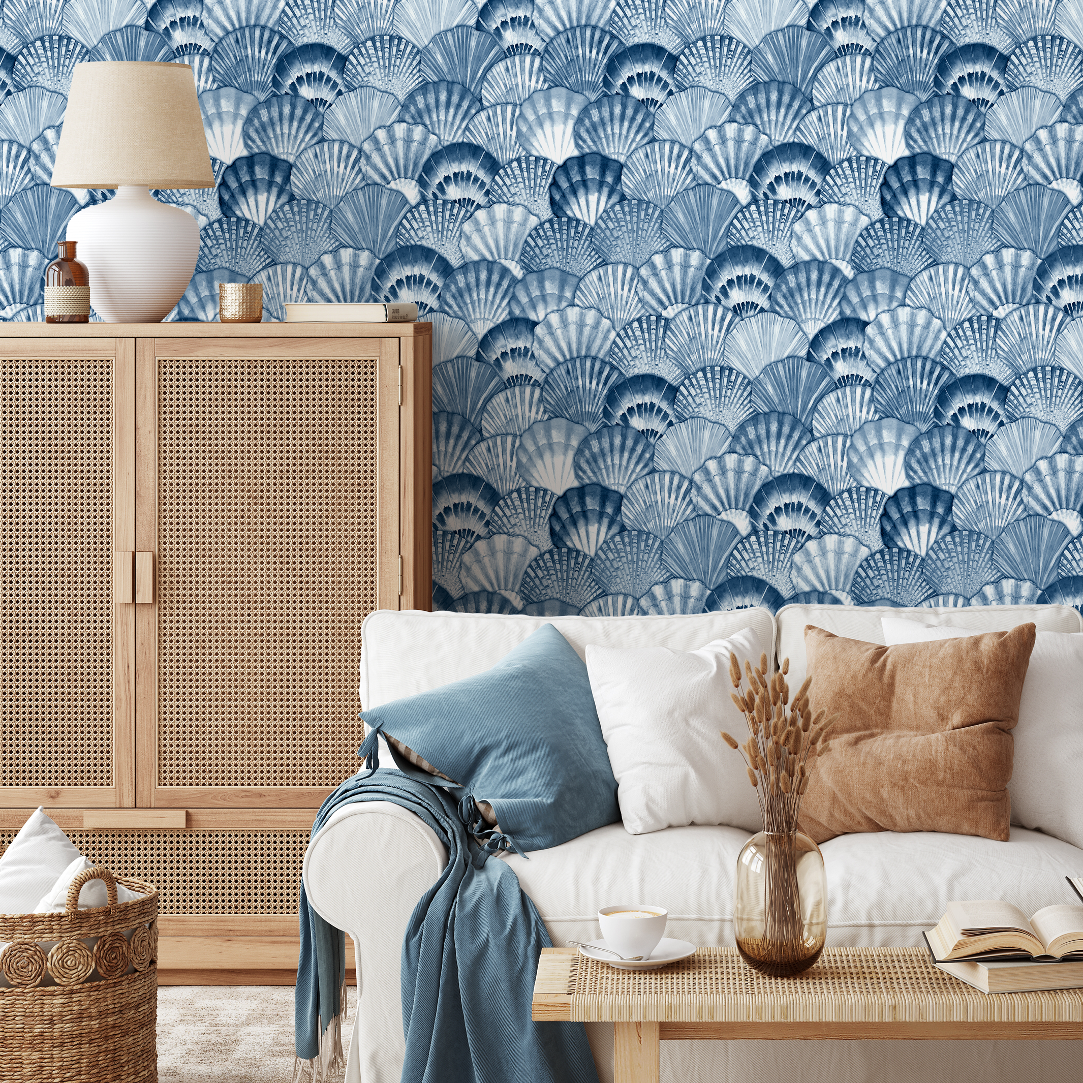Coastal Wallpaper With A Watercolor Seashell Motif In Blue And White - C698