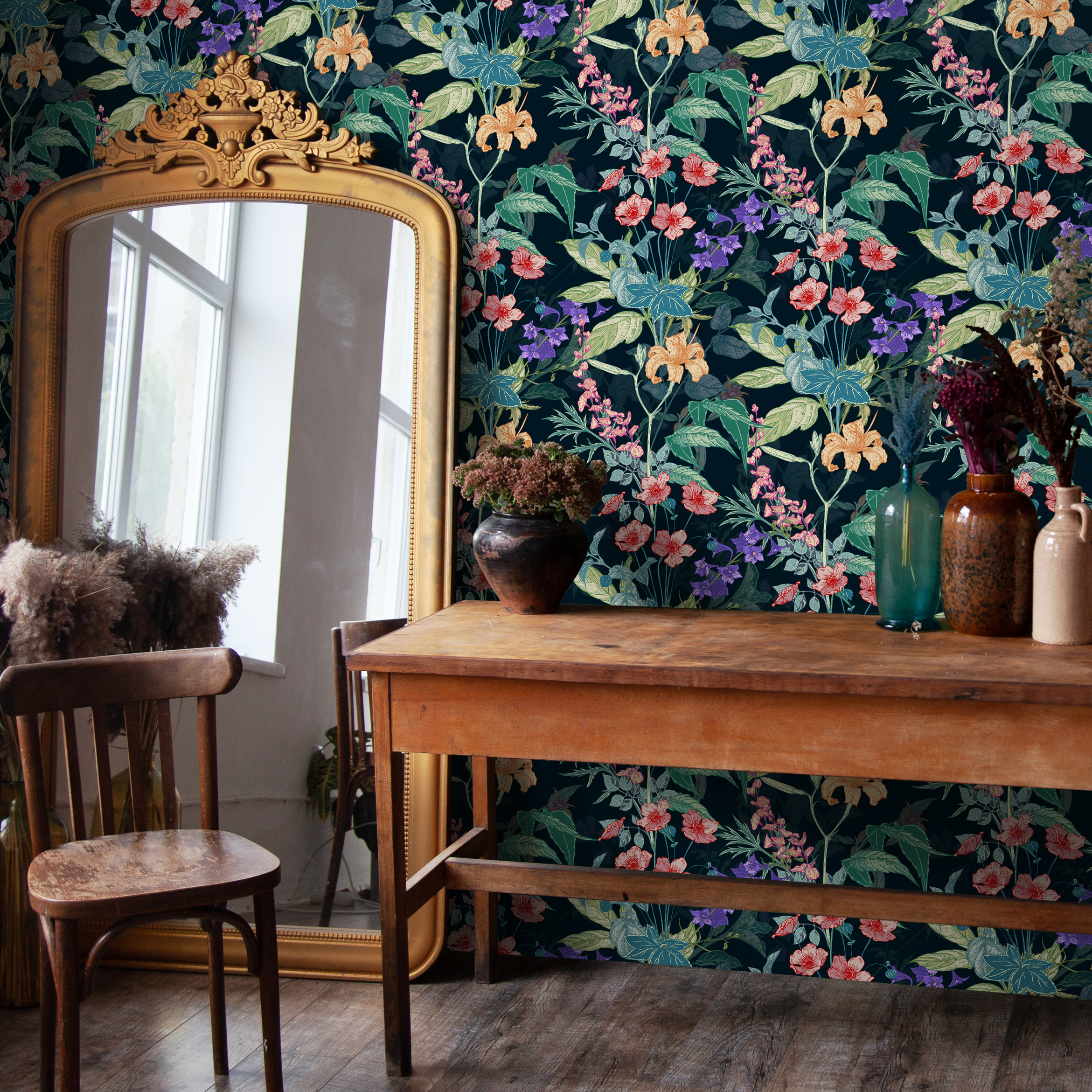 Floral Wallpaper Featuring Lilies And Wildflowers In Red, Orange, And Purple - C699