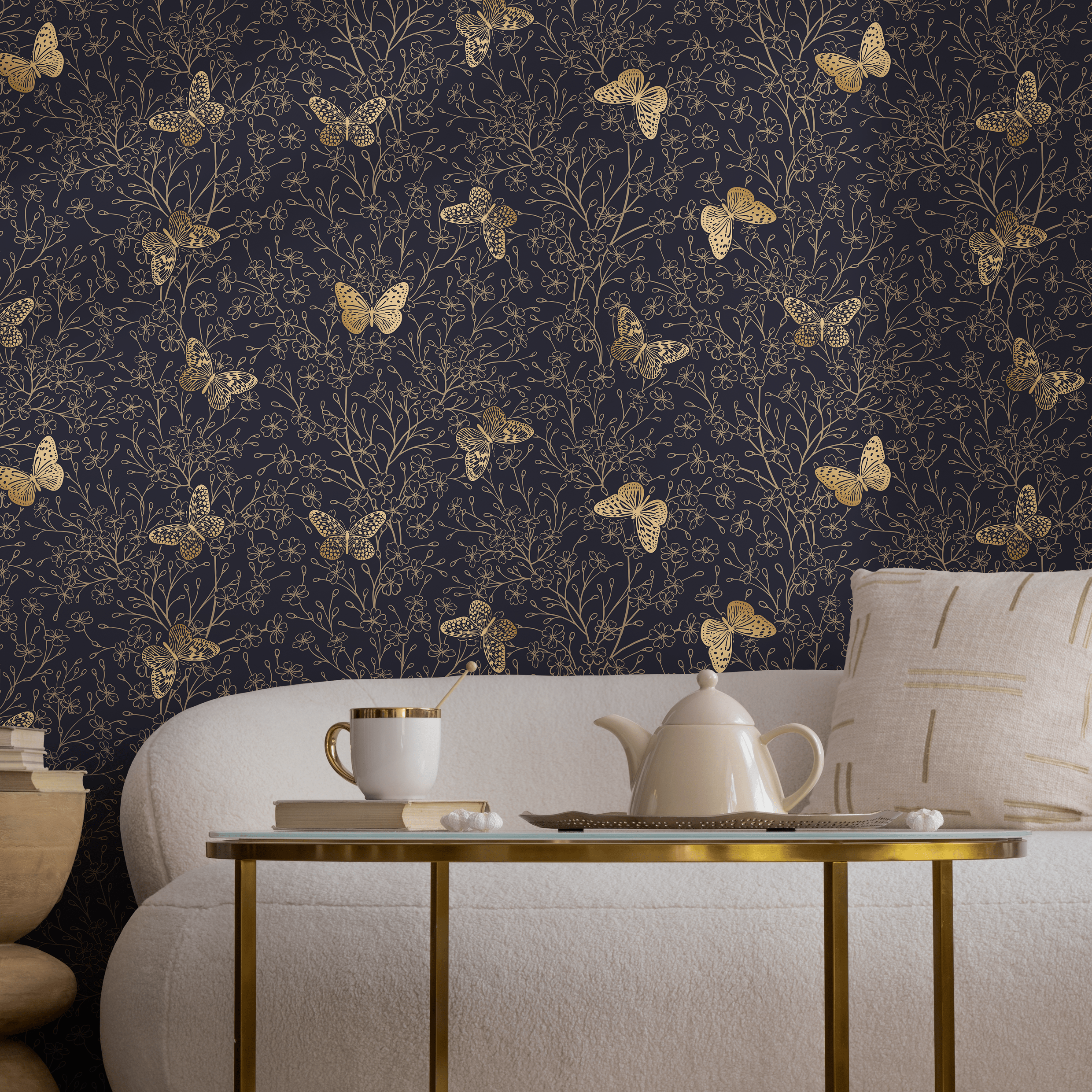 Butterfly Wallpaper With Delicate Floral Vines In Gold And Navy Blue - C702