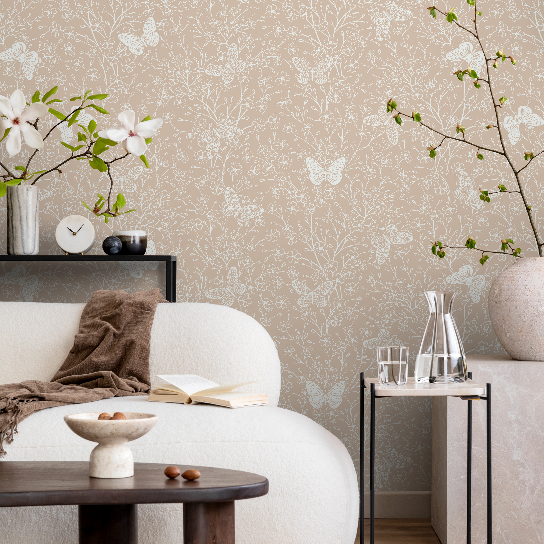 Butterfly Wallpaper With Delicate Floral Branches In Beige And White - C703