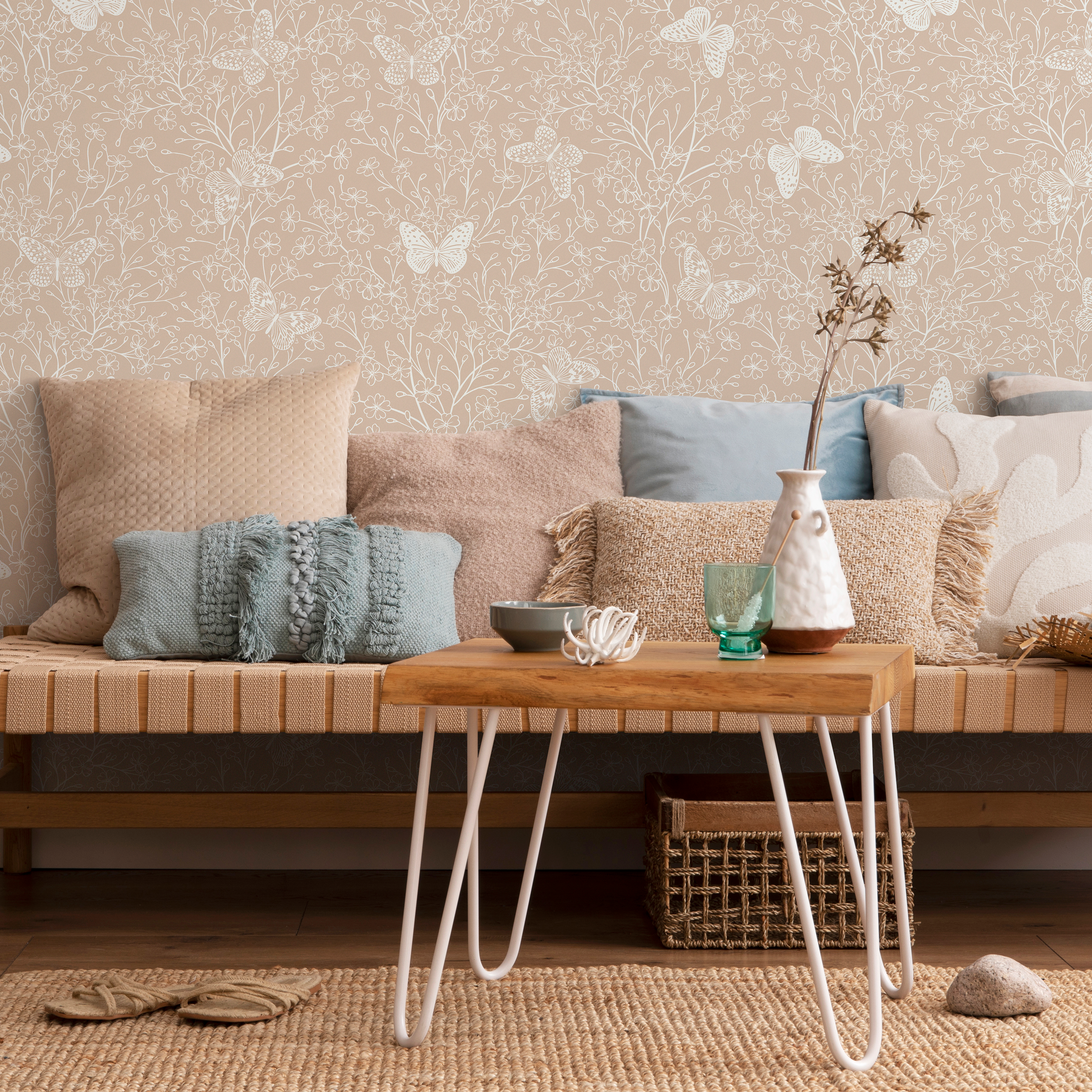 Butterfly Wallpaper With Delicate Floral Branches In Beige And White - C703