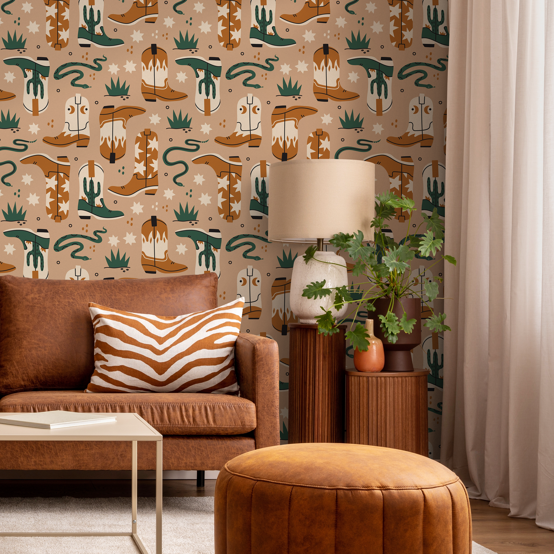 Western Wallpaper With Cowboy Boots And Snakes In Beige, Brown, And Green - C704