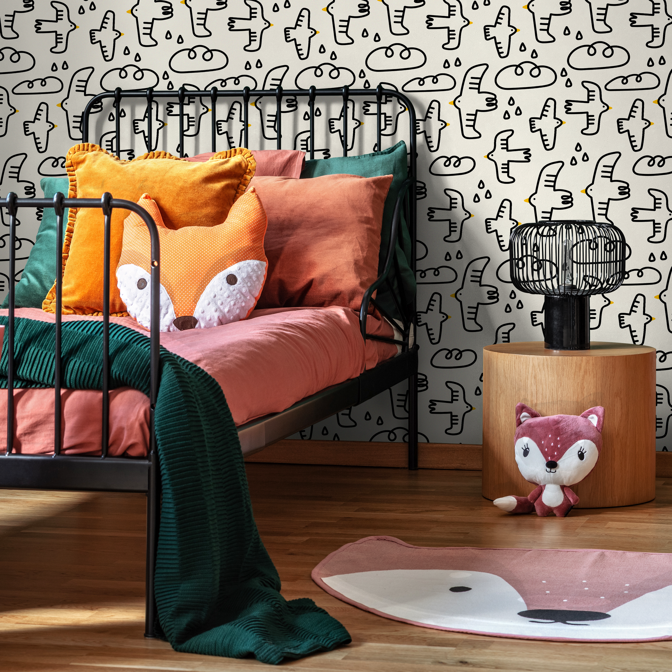 Kids Wallpaper With Hand-drawn Birds And Clouds In Black And Yellow - C705