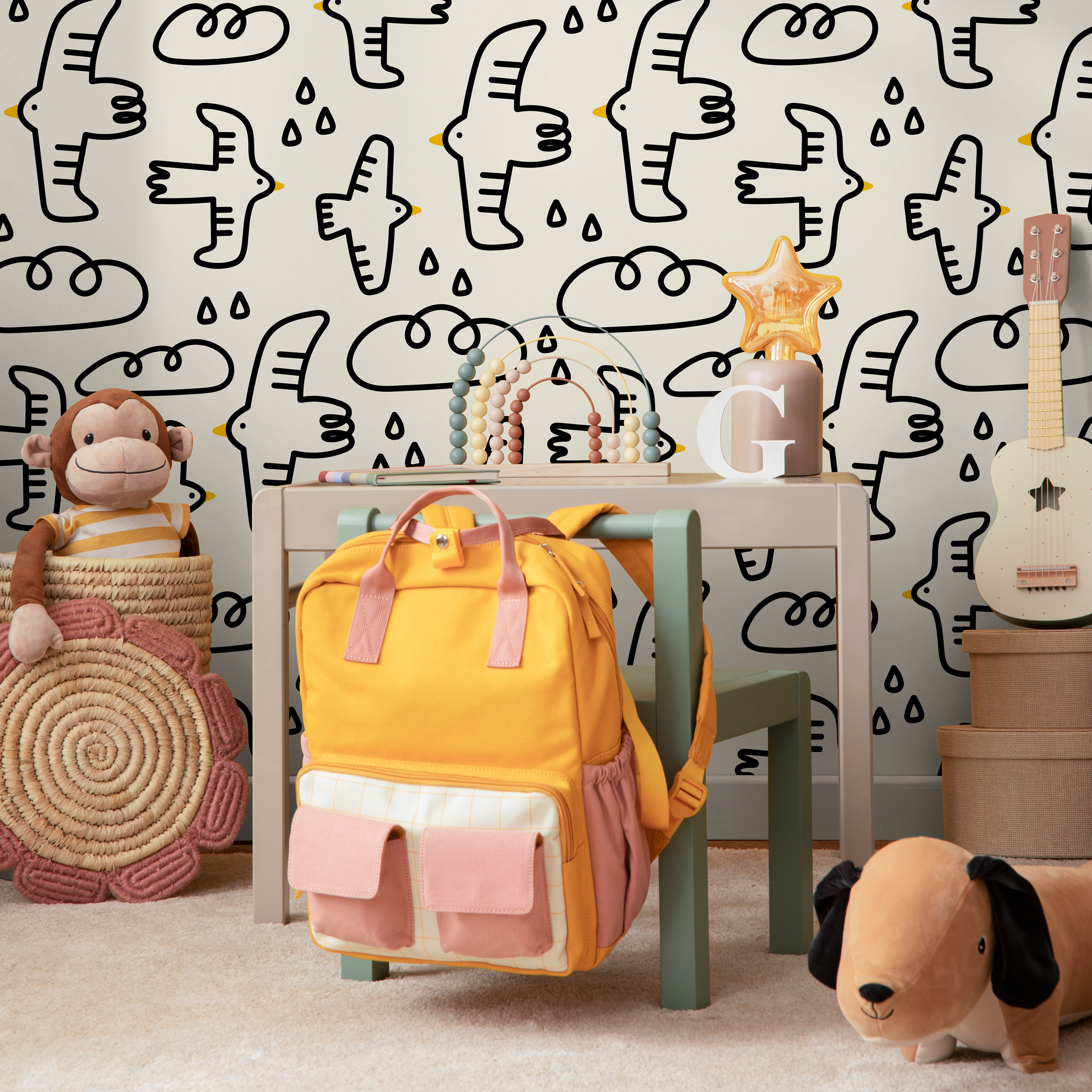 Kids Wallpaper With Hand-drawn Birds And Clouds In Black And Yellow - C705