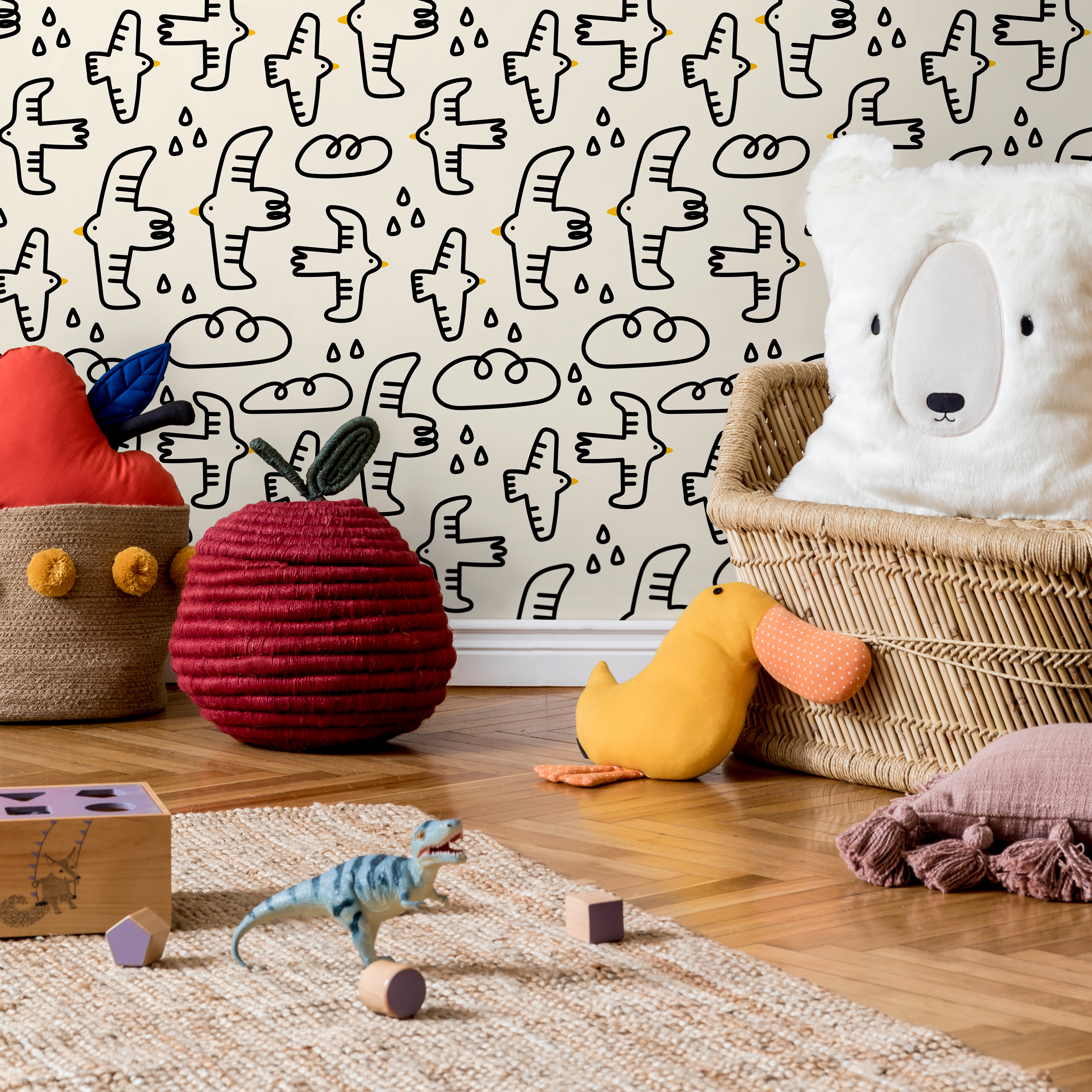 Kids Wallpaper With Hand-drawn Birds And Clouds In Black And Yellow - C705