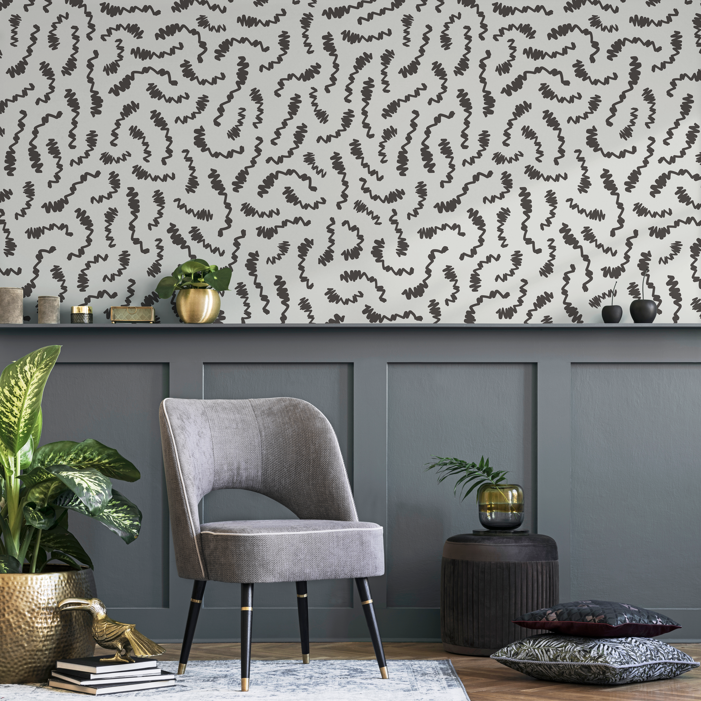 Abstract Wallpaper With Wavy Lines In Charcoal And Light Grey - C709