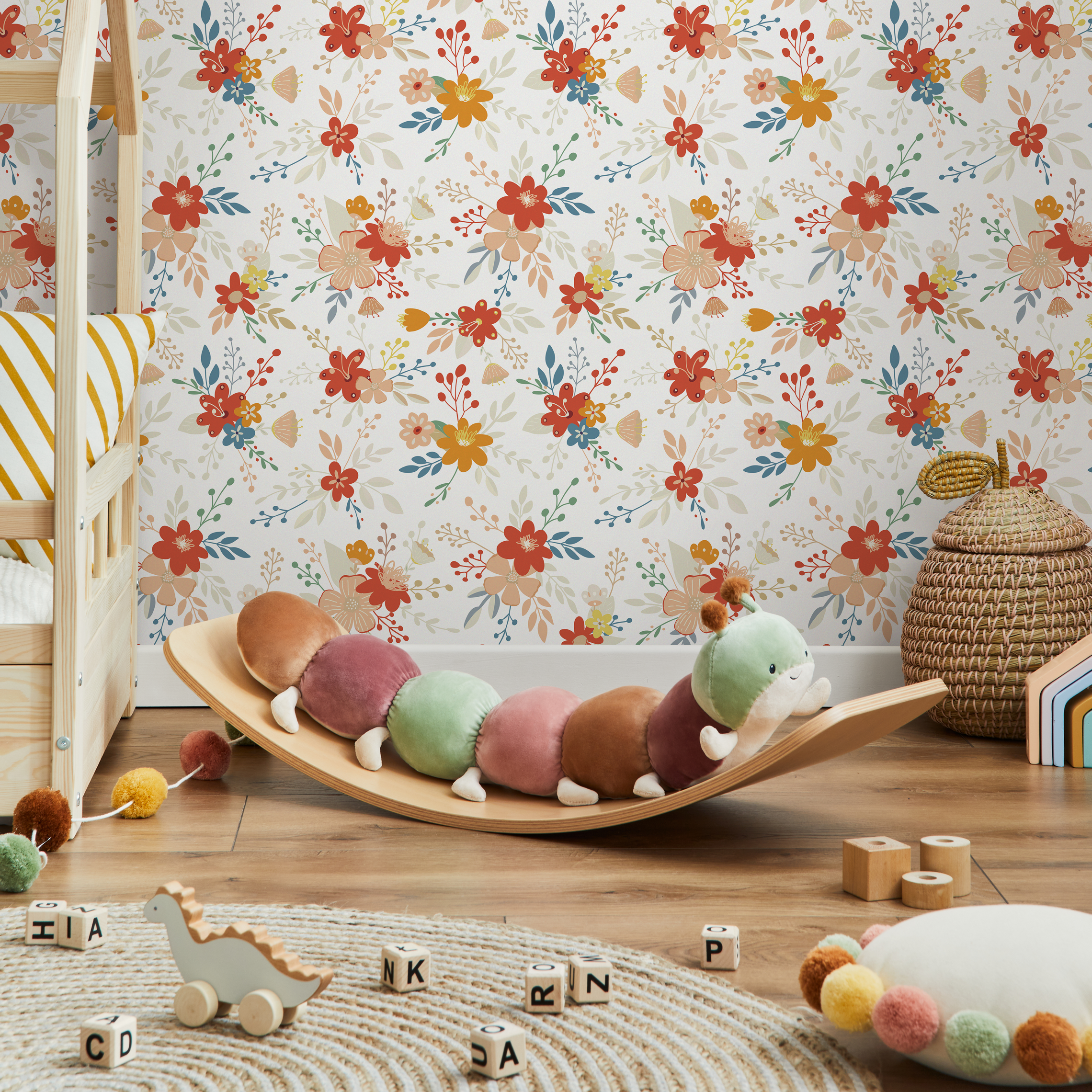 Floral Wallpaper With A Cute Folk Art Motif In Red, Yellow, And Blue - C710