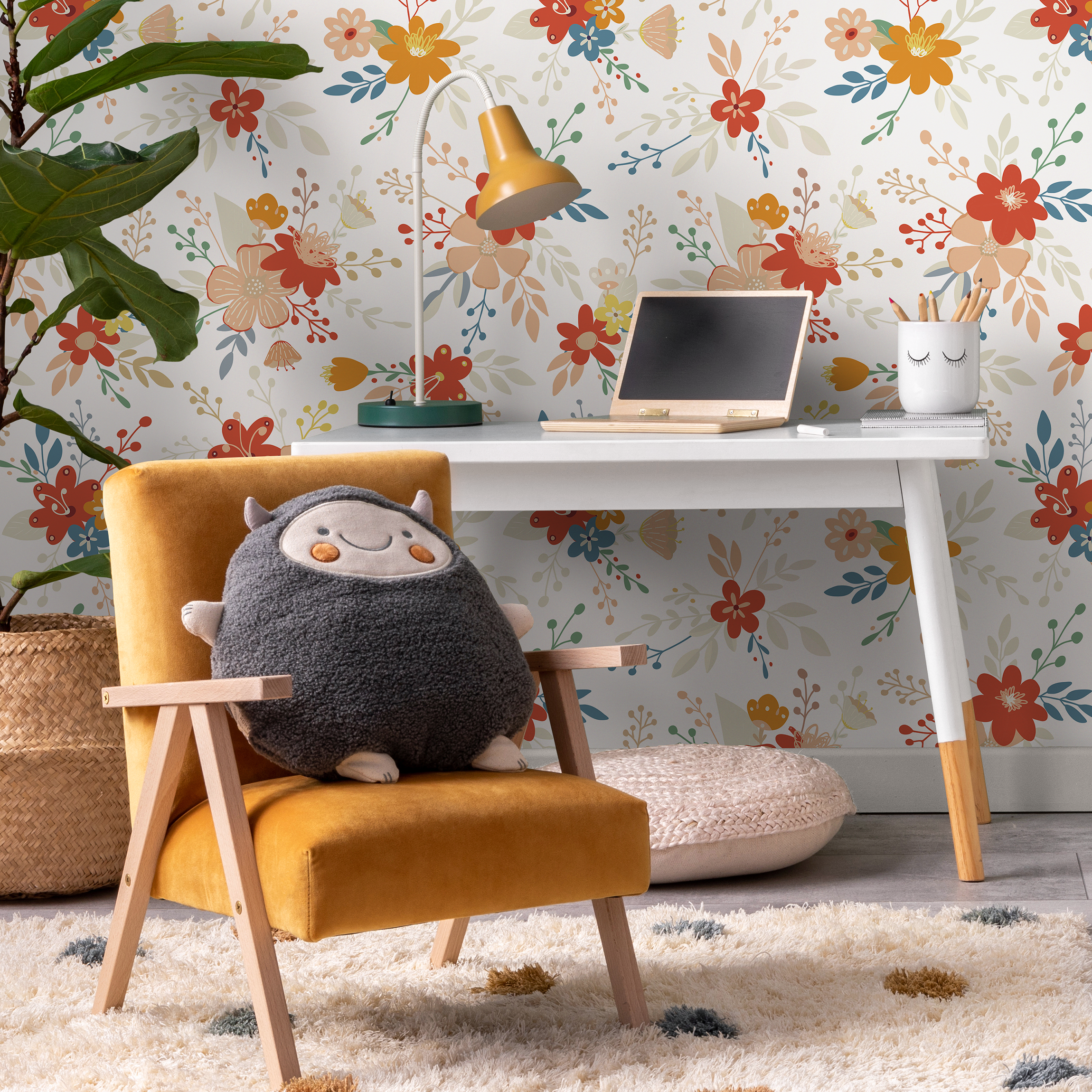 Floral Wallpaper With A Cute Folk Art Motif In Red, Yellow, And Blue - C710