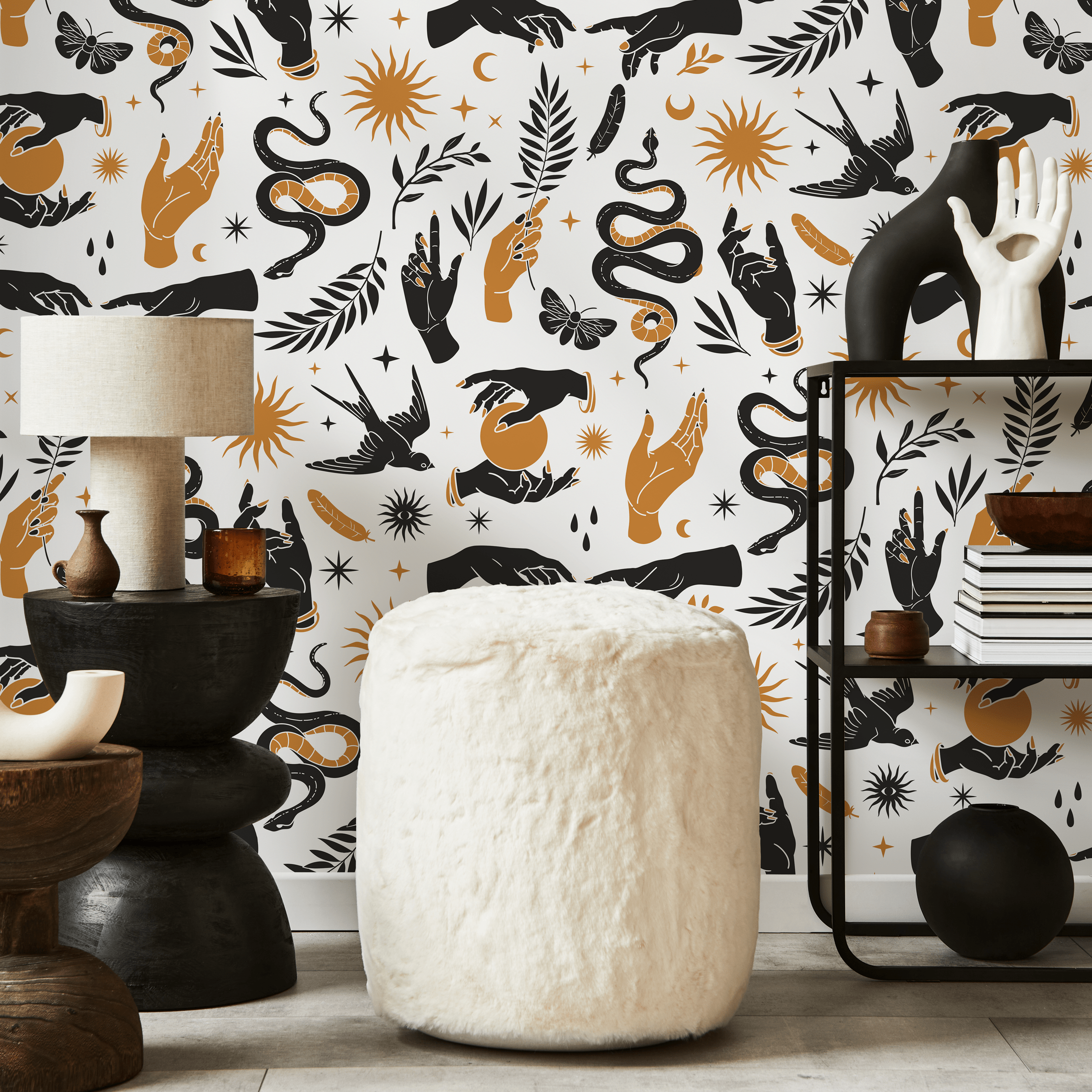 Mystical Wallpaper With Celestial Hands, Snakes, And Moons In Black And Gold - C715