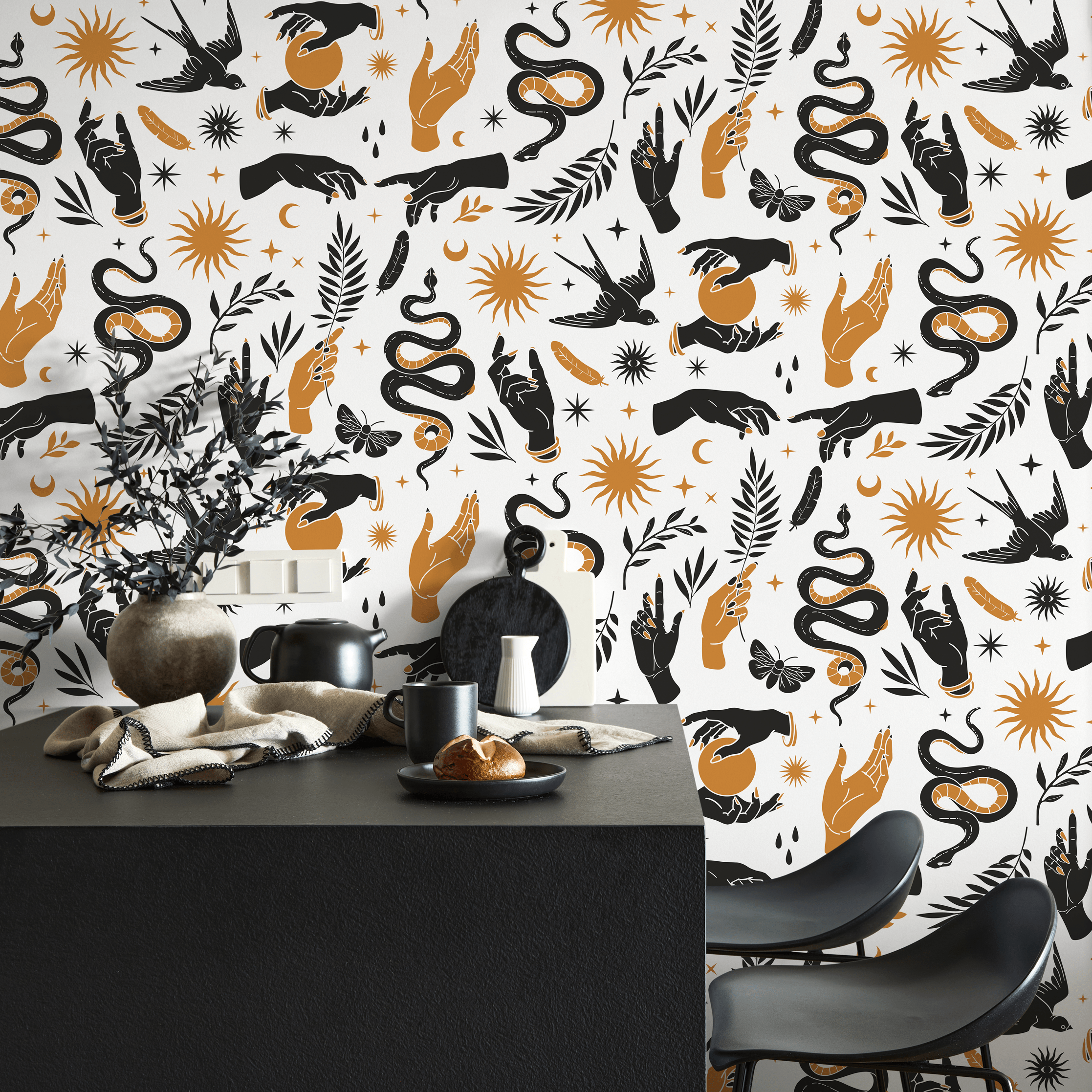 Mystical Wallpaper With Celestial Hands, Snakes, And Moons In Black And Gold - C715