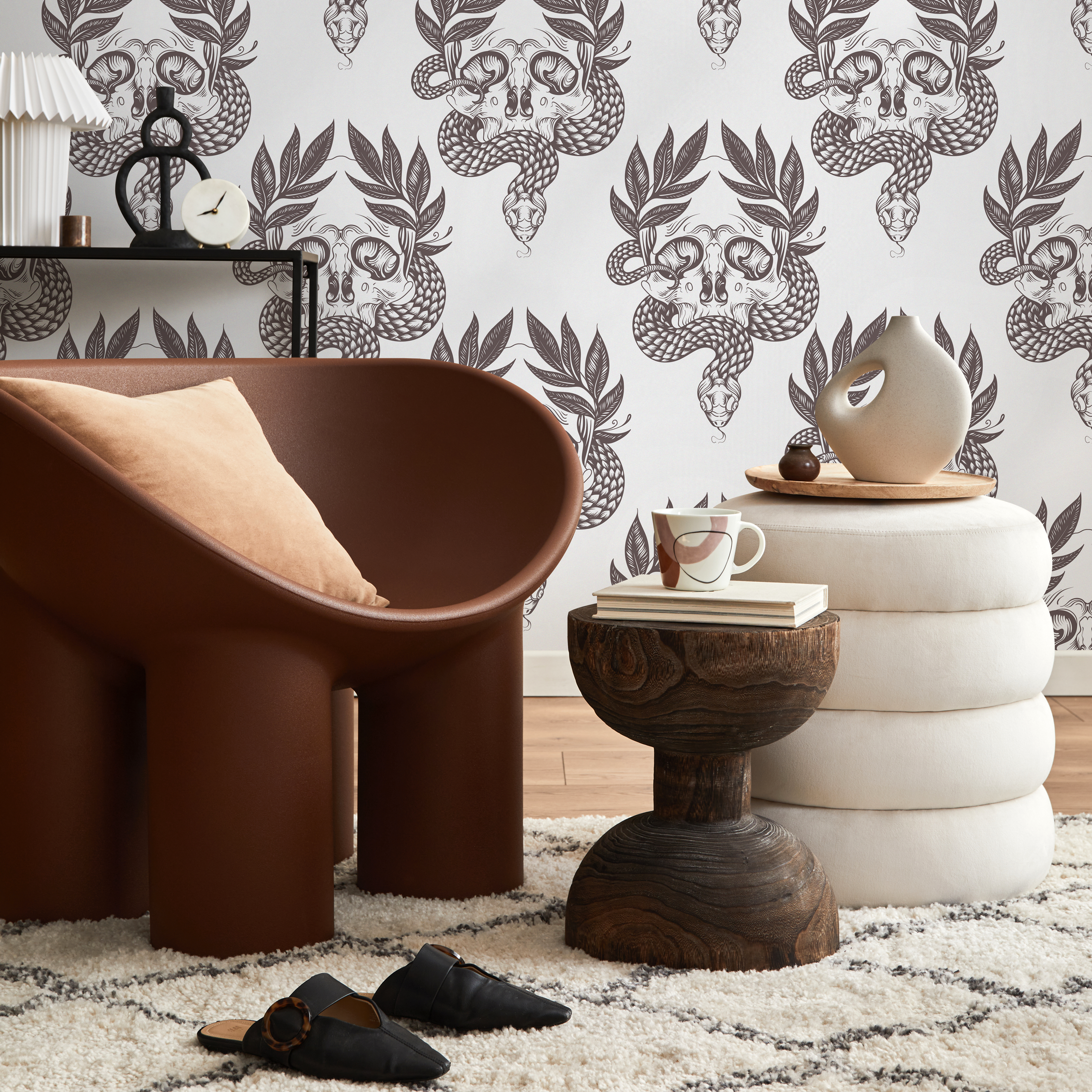 Gothic Wallpaper With A Snake And Skull Damask In Charcoal Brown - C720