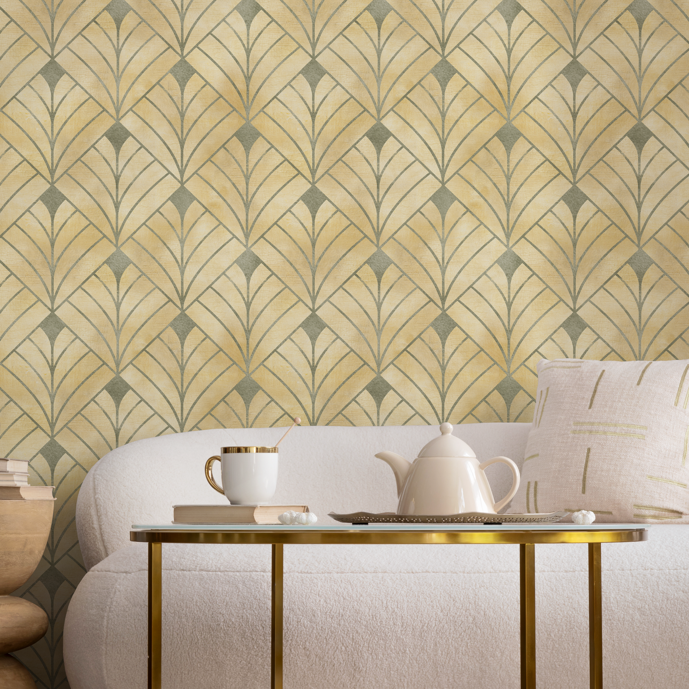 Art Deco Wallpaper With A Geometric Fan Motif In Gold And Sage Green - C722