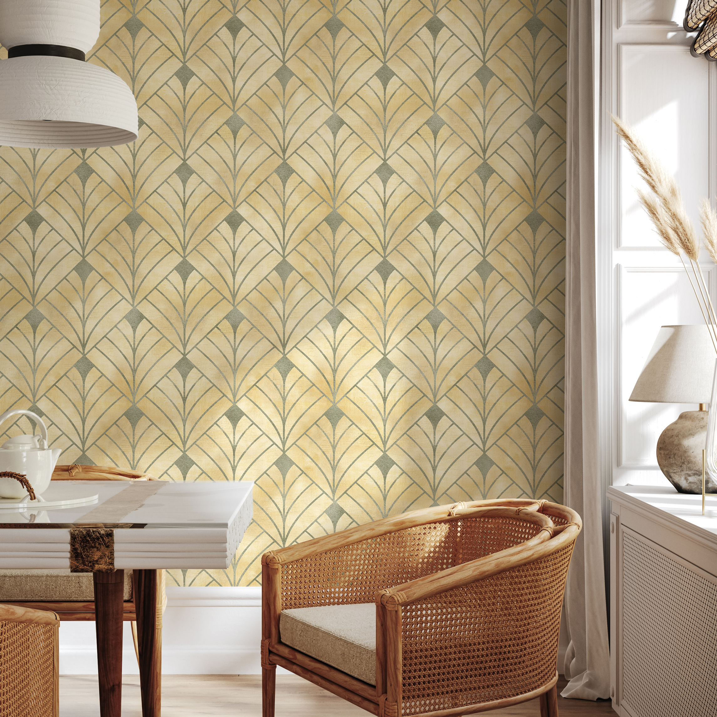 Art Deco Wallpaper With A Geometric Fan Motif In Gold And Sage Green - C722