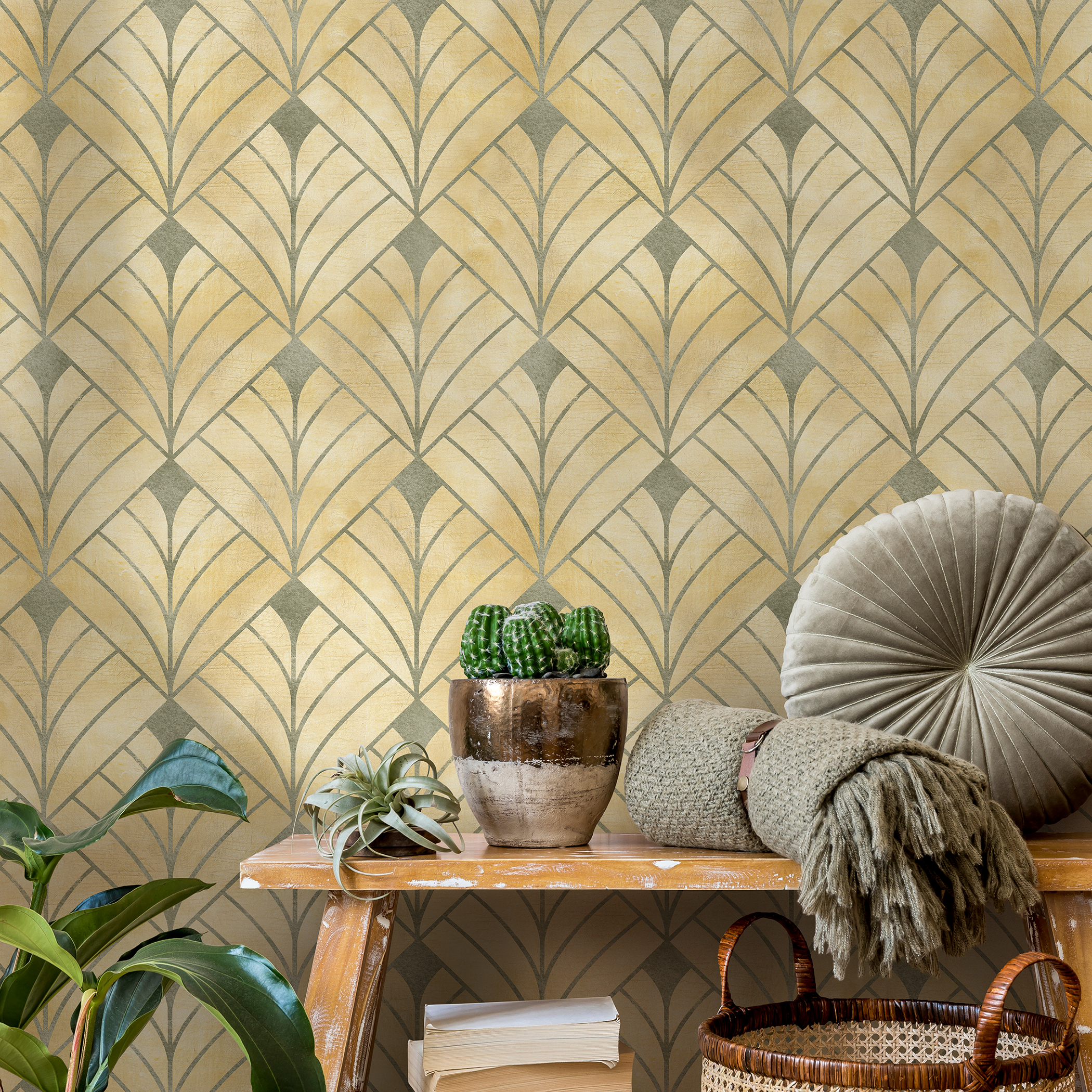 Art Deco Wallpaper With A Geometric Fan Motif In Gold And Sage Green - C722