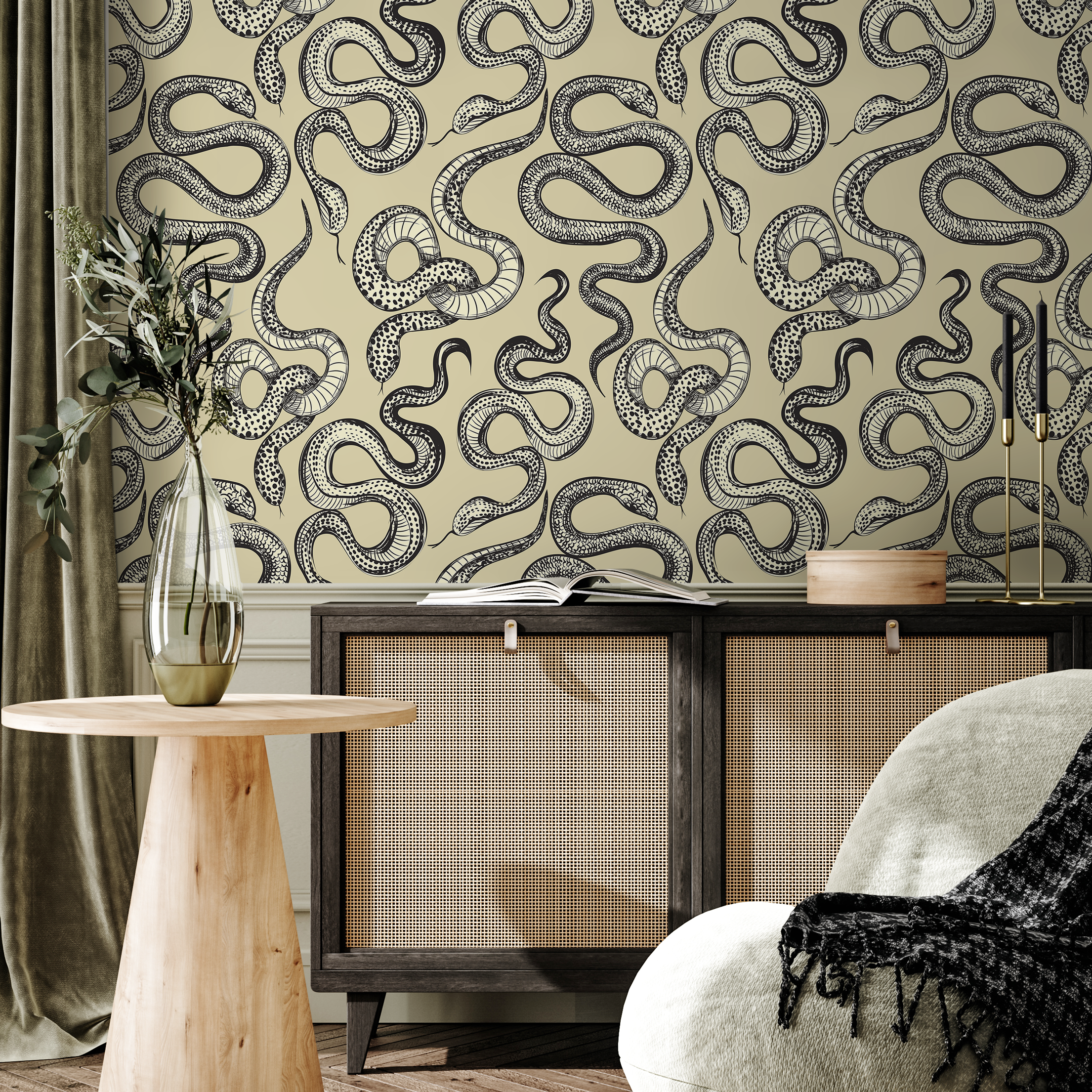 Animal Wallpaper With A Hand-drawn Snake Motif In Beige And Black - C724