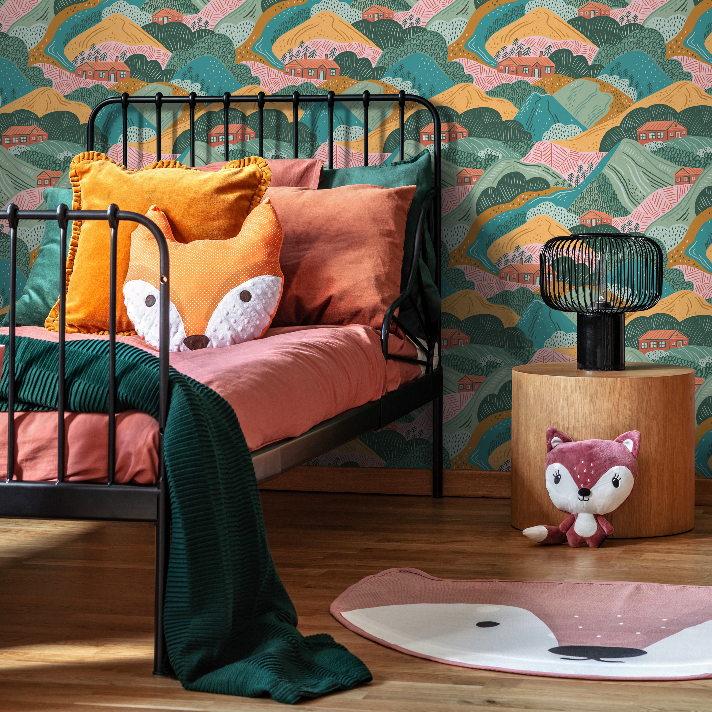 Mountain Wallpaper Featuring Rolling Hills And Cabins In Green, Orange, And Pink - C725