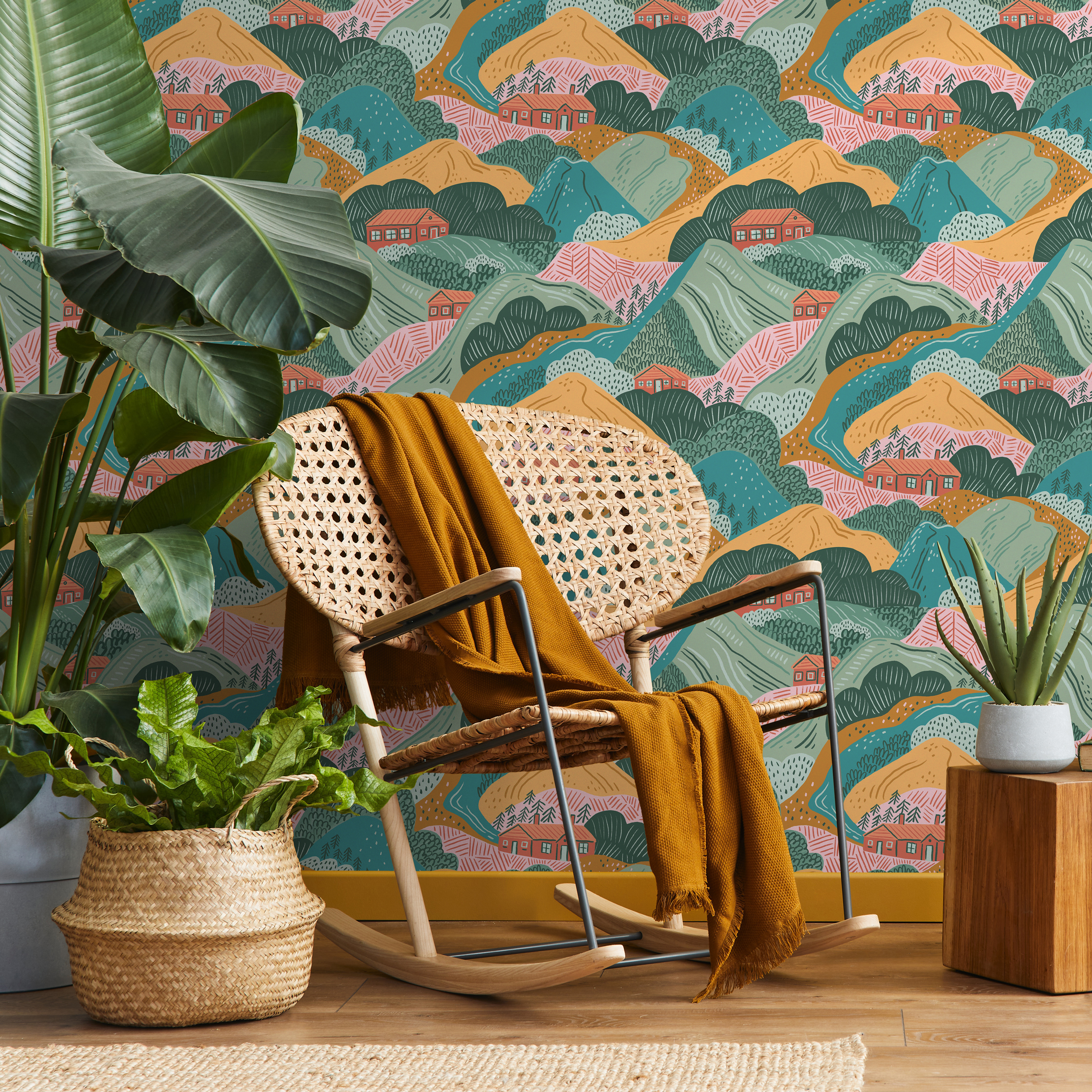 Mountain Wallpaper Featuring Rolling Hills And Cabins In Green, Orange, And Pink - C725