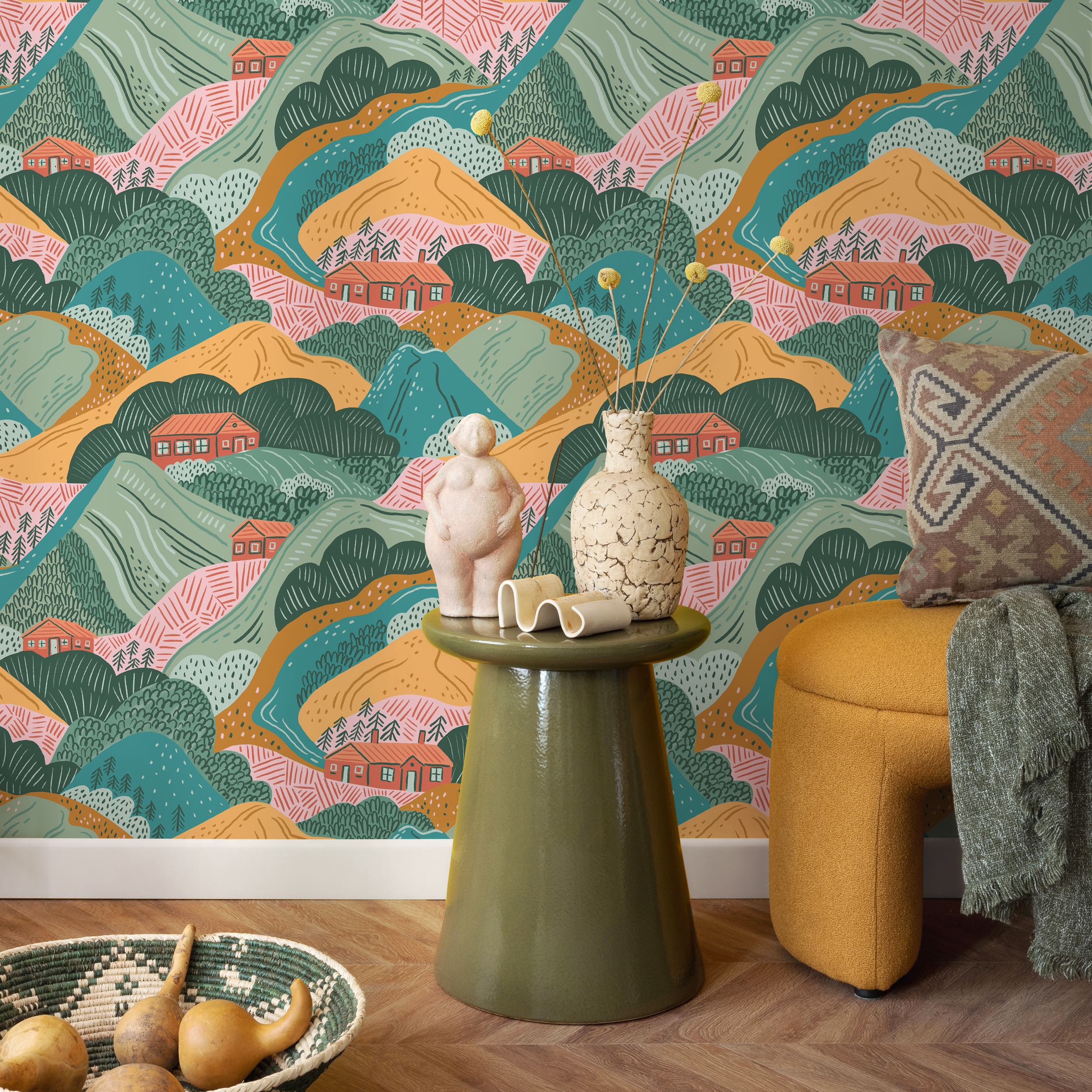 Mountain Wallpaper Featuring Rolling Hills And Cabins In Green, Orange, And Pink - C725