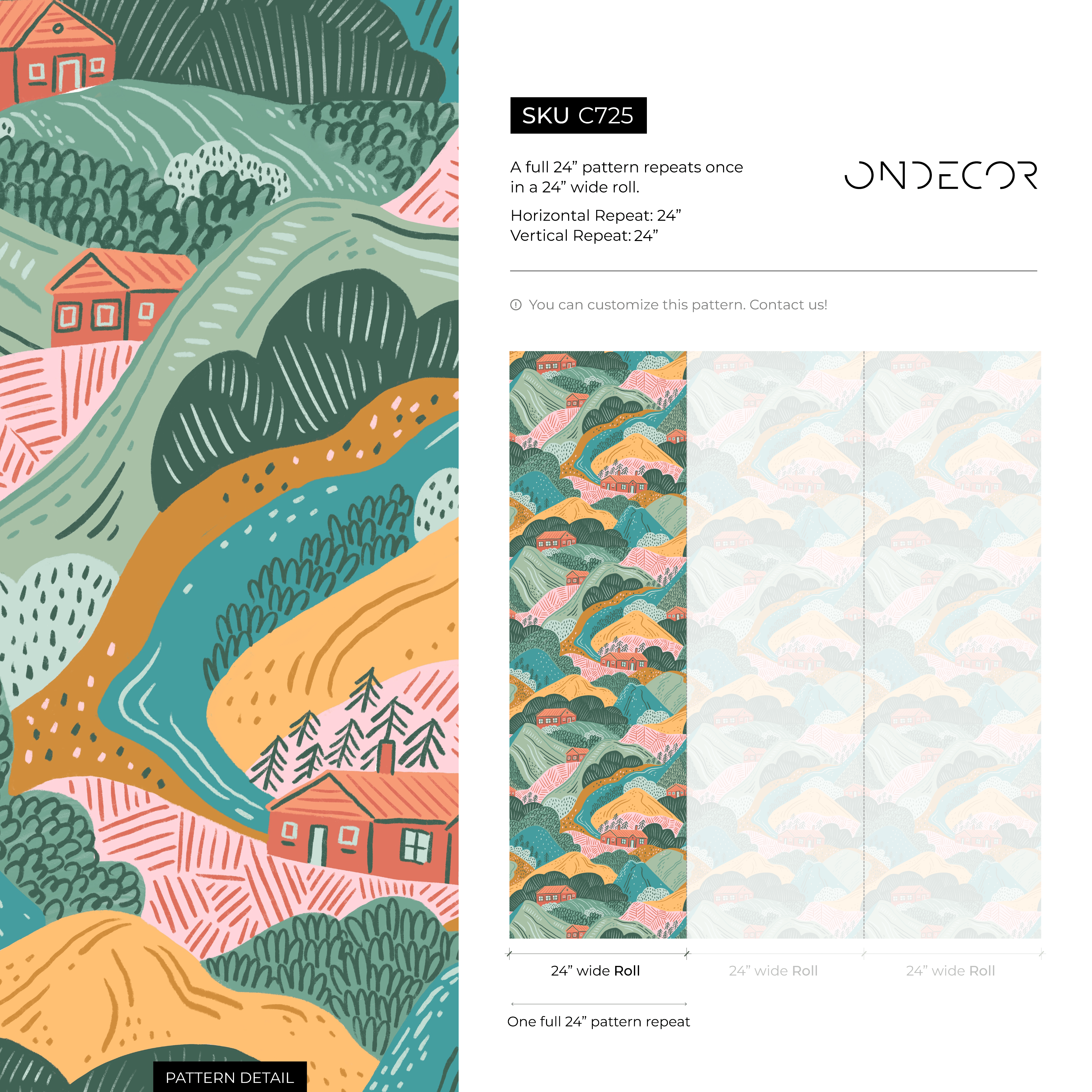 Mountain Wallpaper Featuring Rolling Hills And Cabins In Green, Orange, And Pink - C725