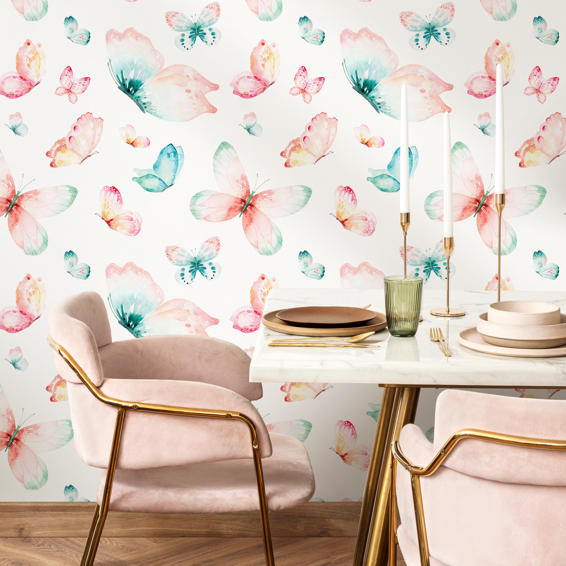 Butterfly Wallpaper With A Watercolor Motif In Pink, Teal, And Yellow - C726