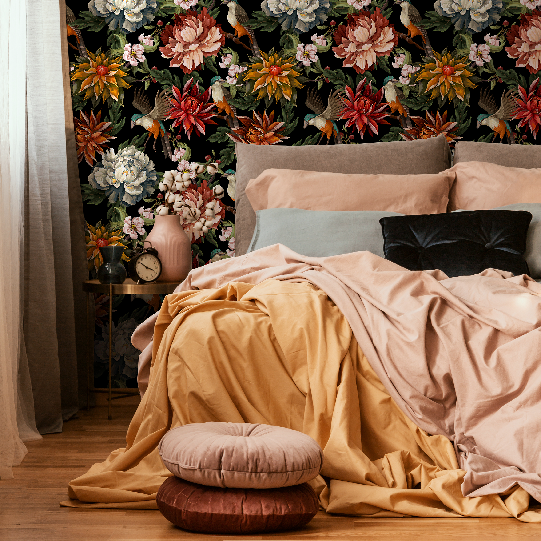 Chinoiserie Wallpaper With Birds And Peonies In Red, Orange And Black - C727