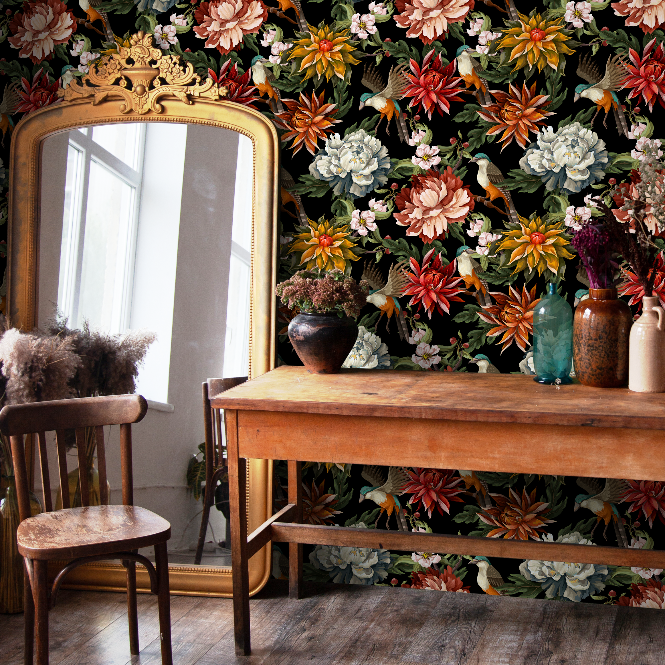 Chinoiserie Wallpaper With Birds And Peonies In Red, Orange And Black - C727
