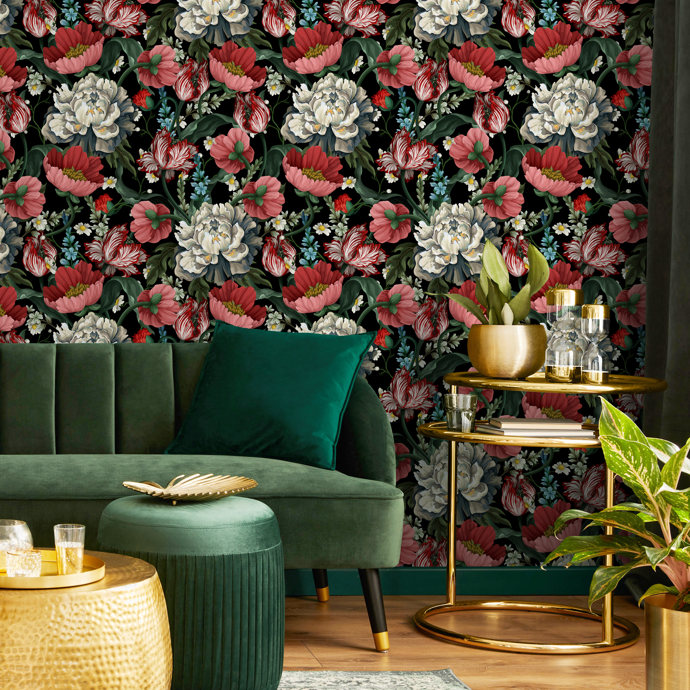 Vintage Botanical Wallpaper With Peonies And Tulips In Red And White - C728
