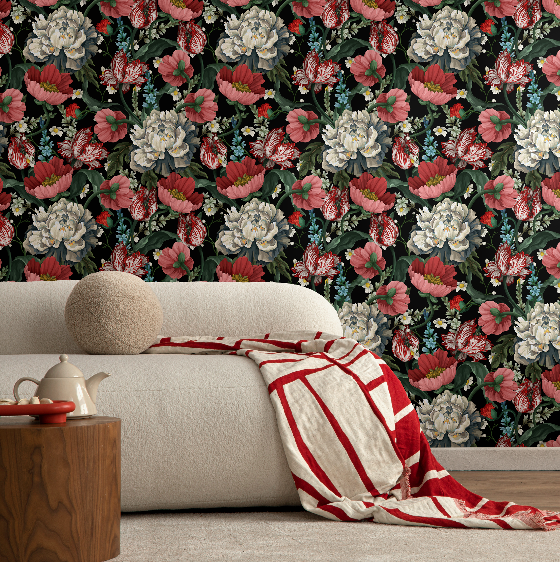 Vintage Botanical Wallpaper With Peonies And Tulips In Red And White - C728