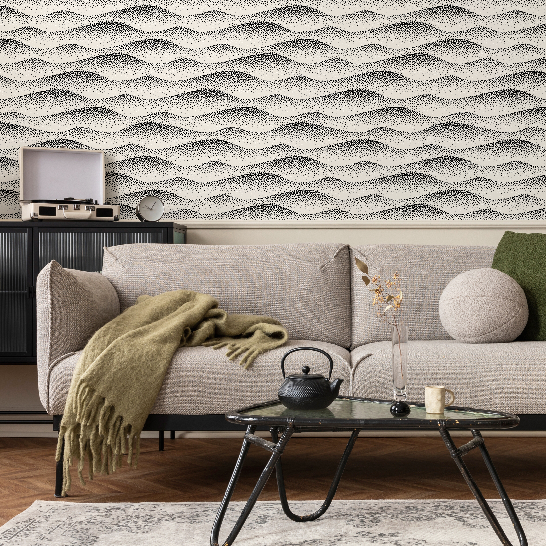 Abstract Wallpaper With Wavy Dotted Lines In Black And Cream - C731