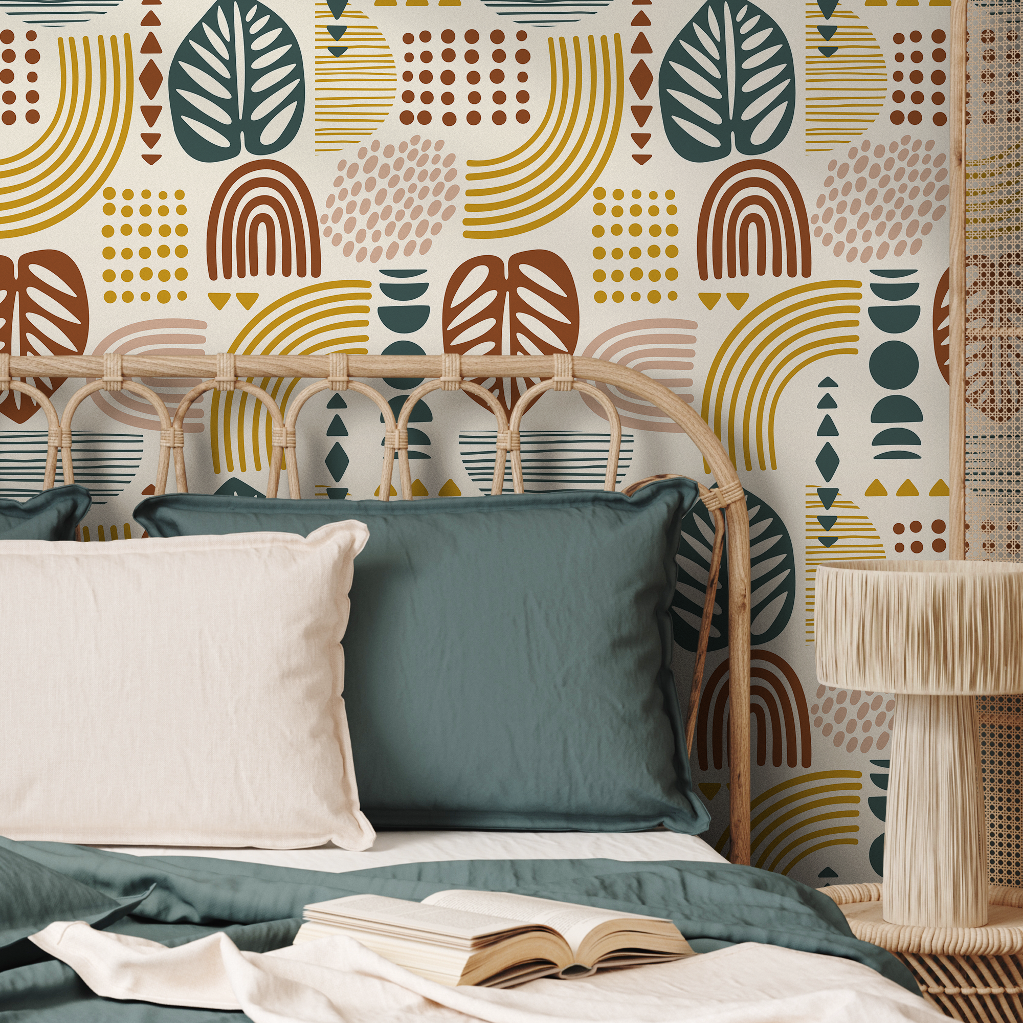 Abstract Wallpaper With Organic Shapes And Leaves In Green, Brown, And Mustard - C735