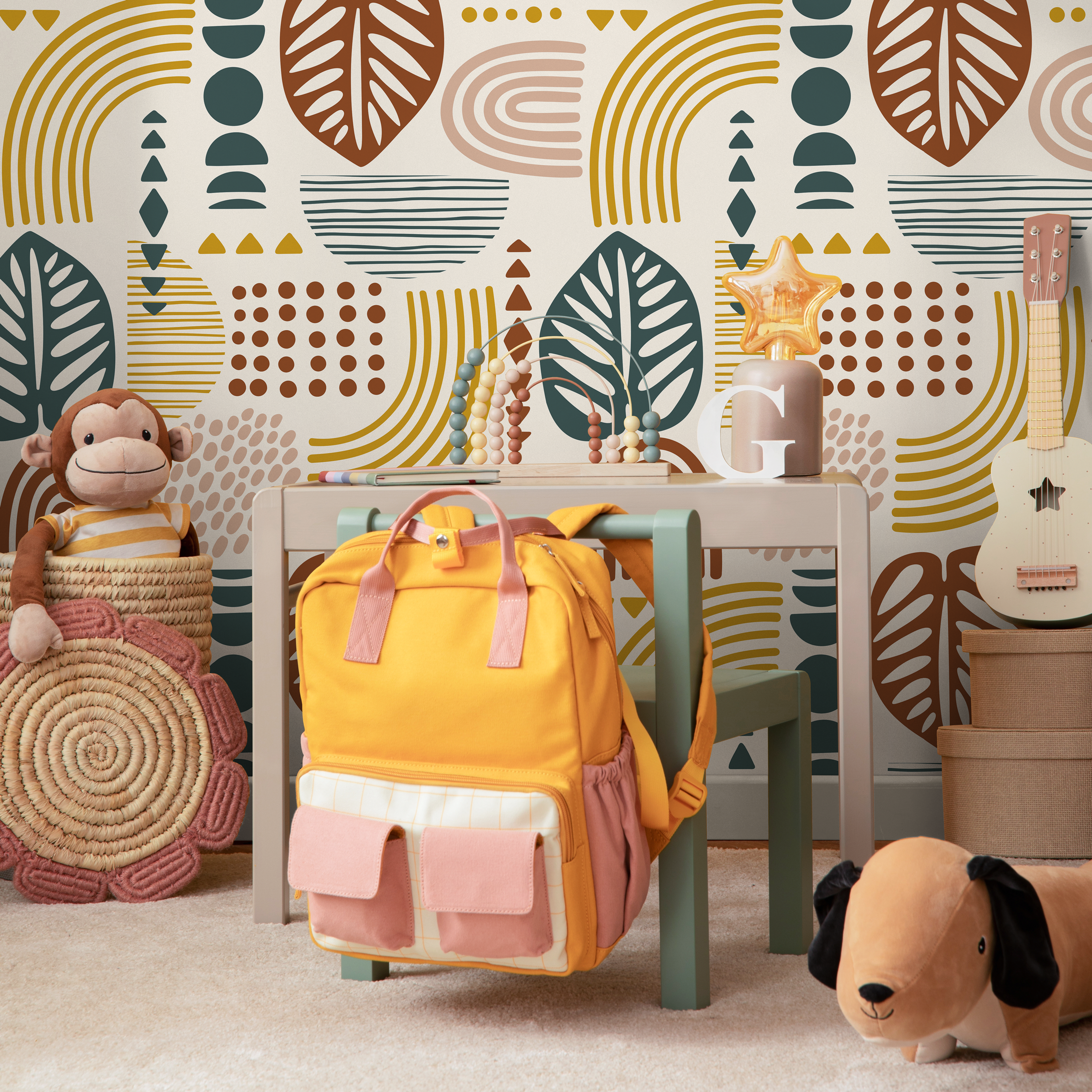 Abstract Wallpaper With Organic Shapes And Leaves In Green, Brown, And Mustard - C735