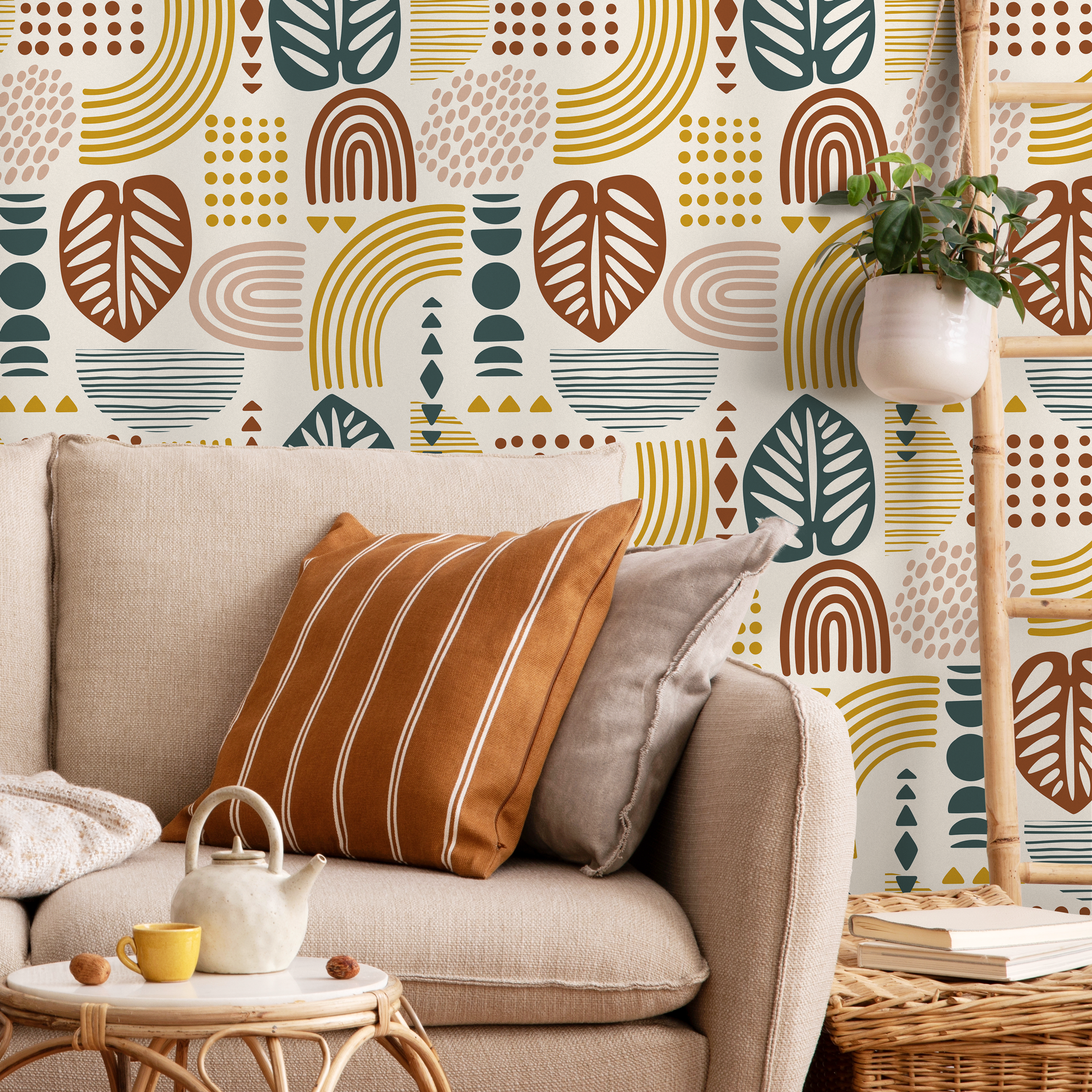 Abstract Wallpaper With Organic Shapes And Leaves In Green, Brown, And Mustard - C735