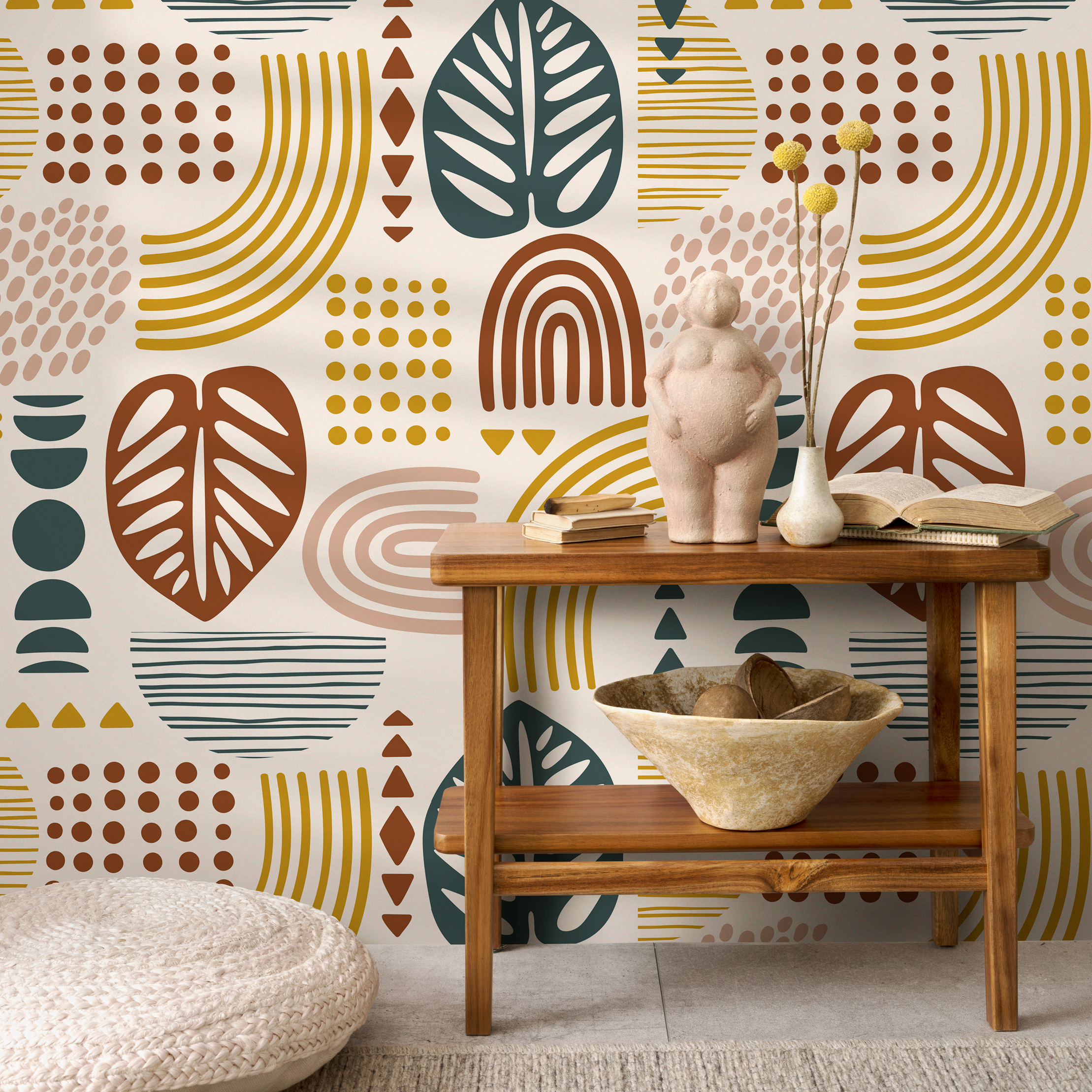Abstract Wallpaper With Organic Shapes And Leaves In Green, Brown, And Mustard - C735
