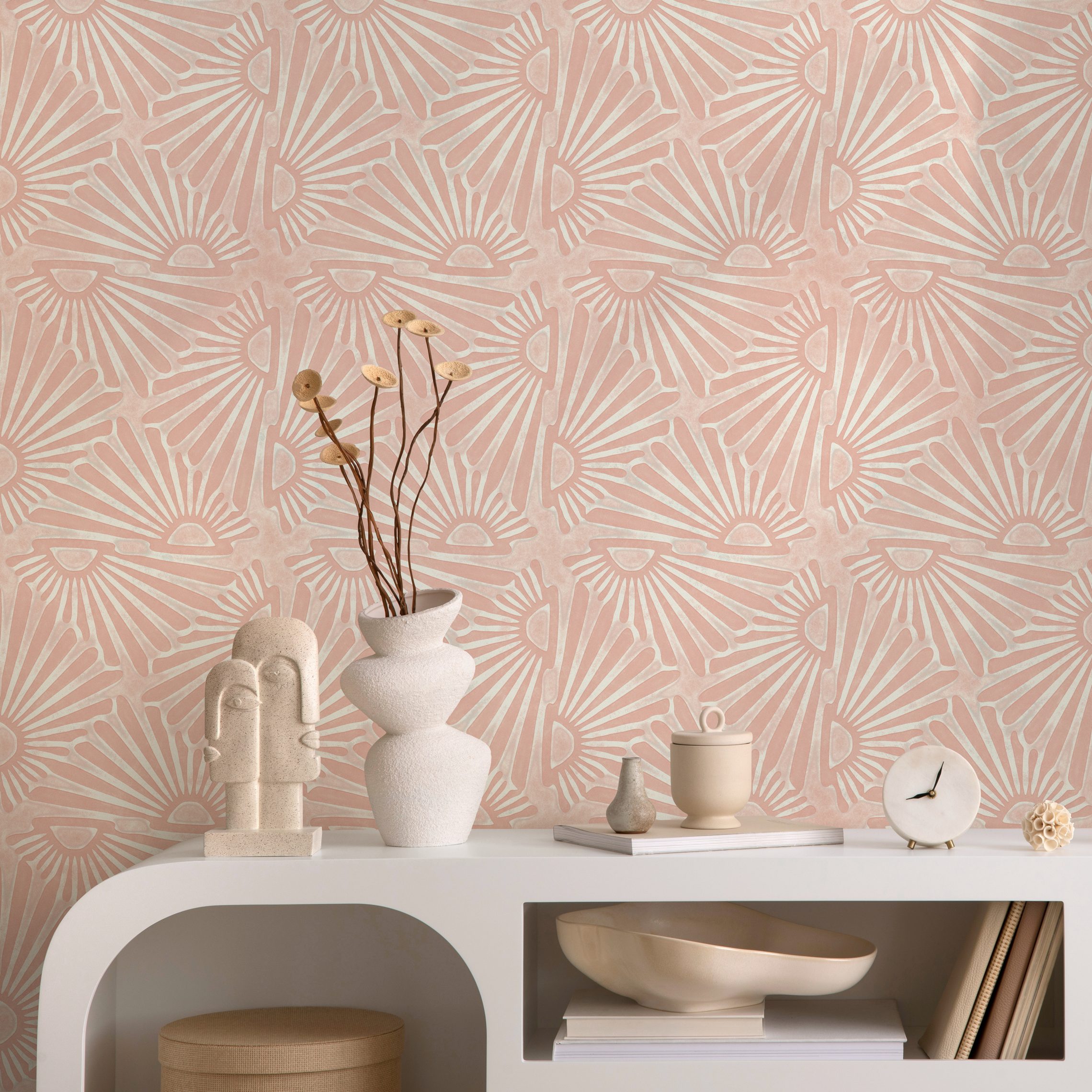 Art Deco Wallpaper With A Sunburst Motif In Pink And Cream - C736