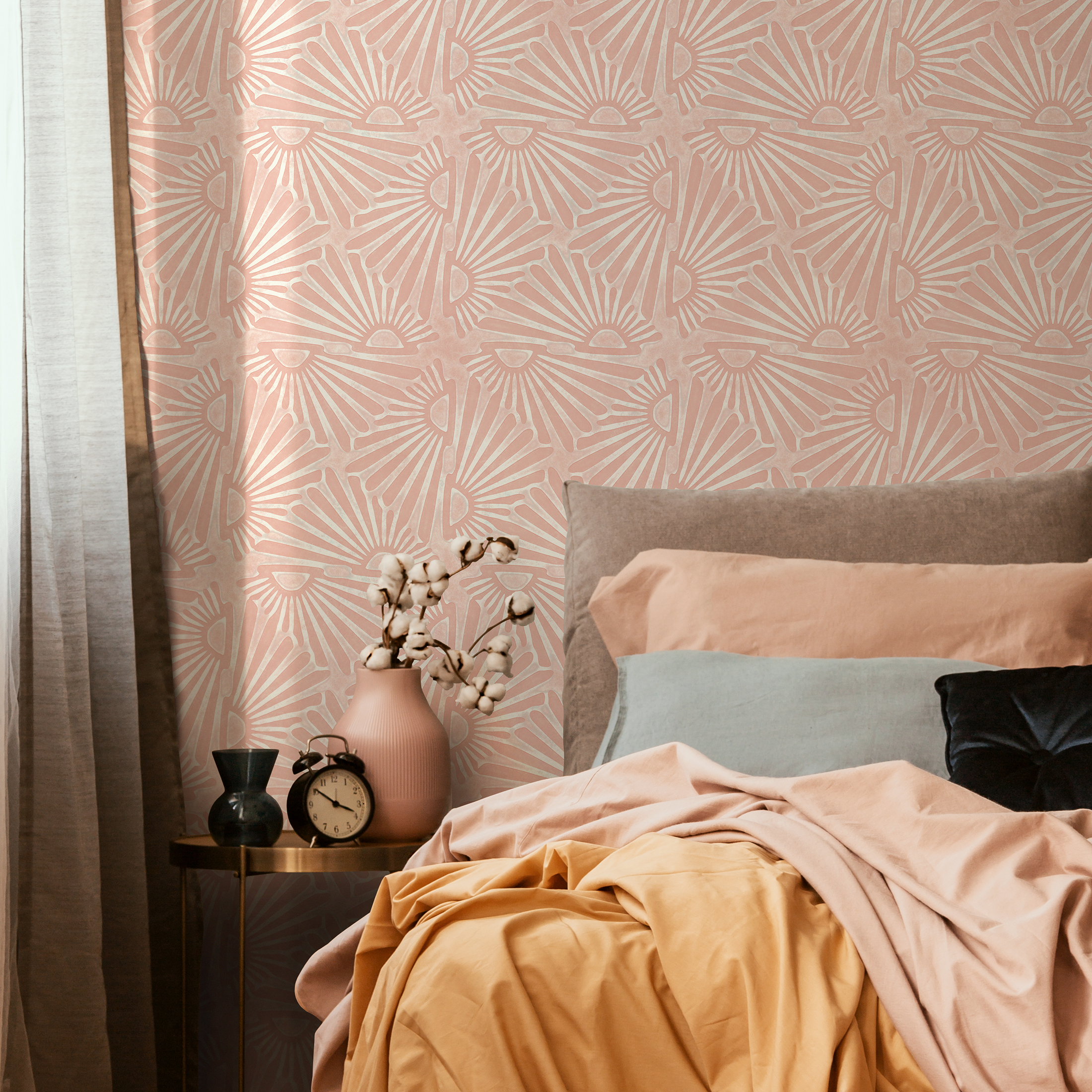 Art Deco Wallpaper With A Sunburst Motif In Pink And Cream - C736