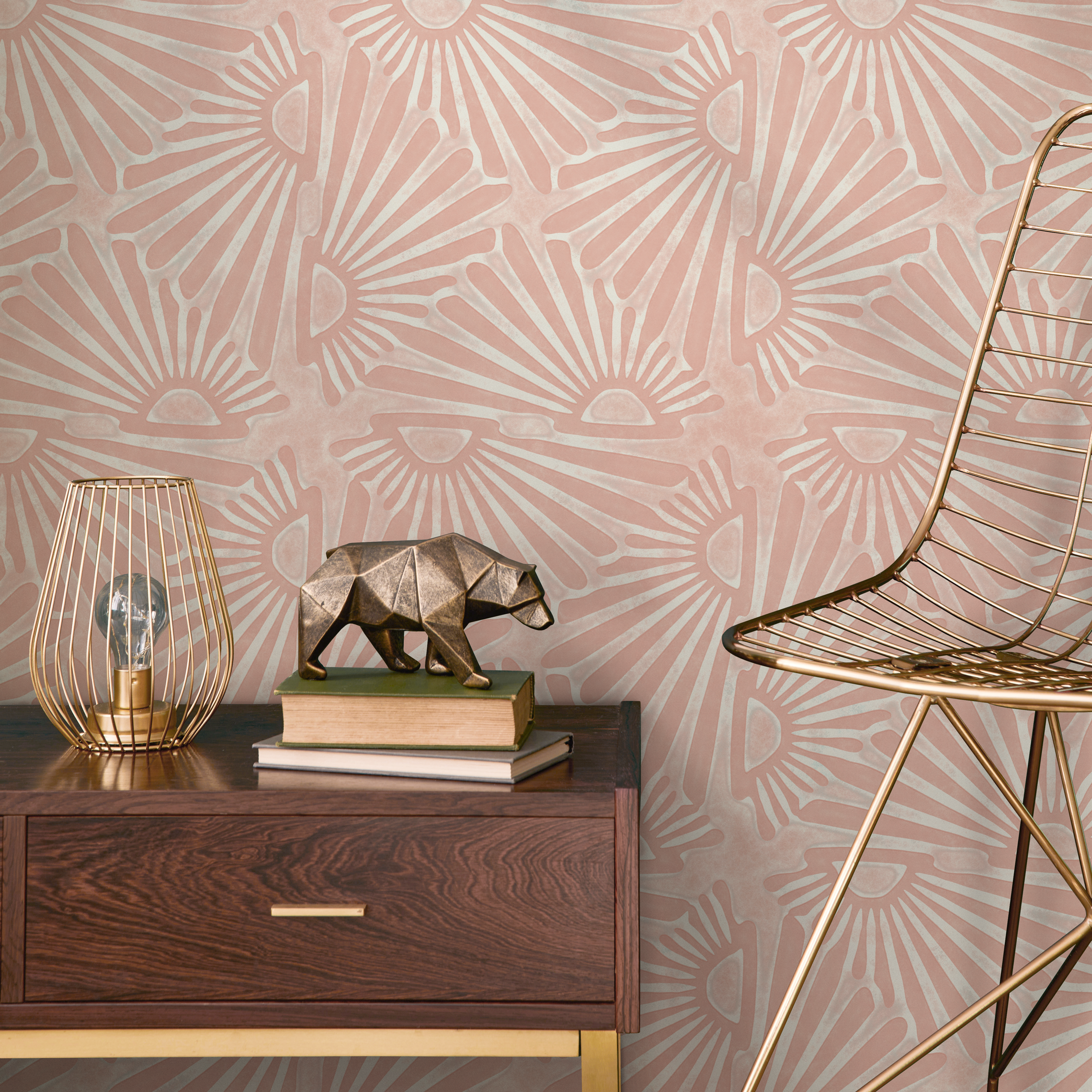 Art Deco Wallpaper With A Sunburst Motif In Pink And Cream - C736