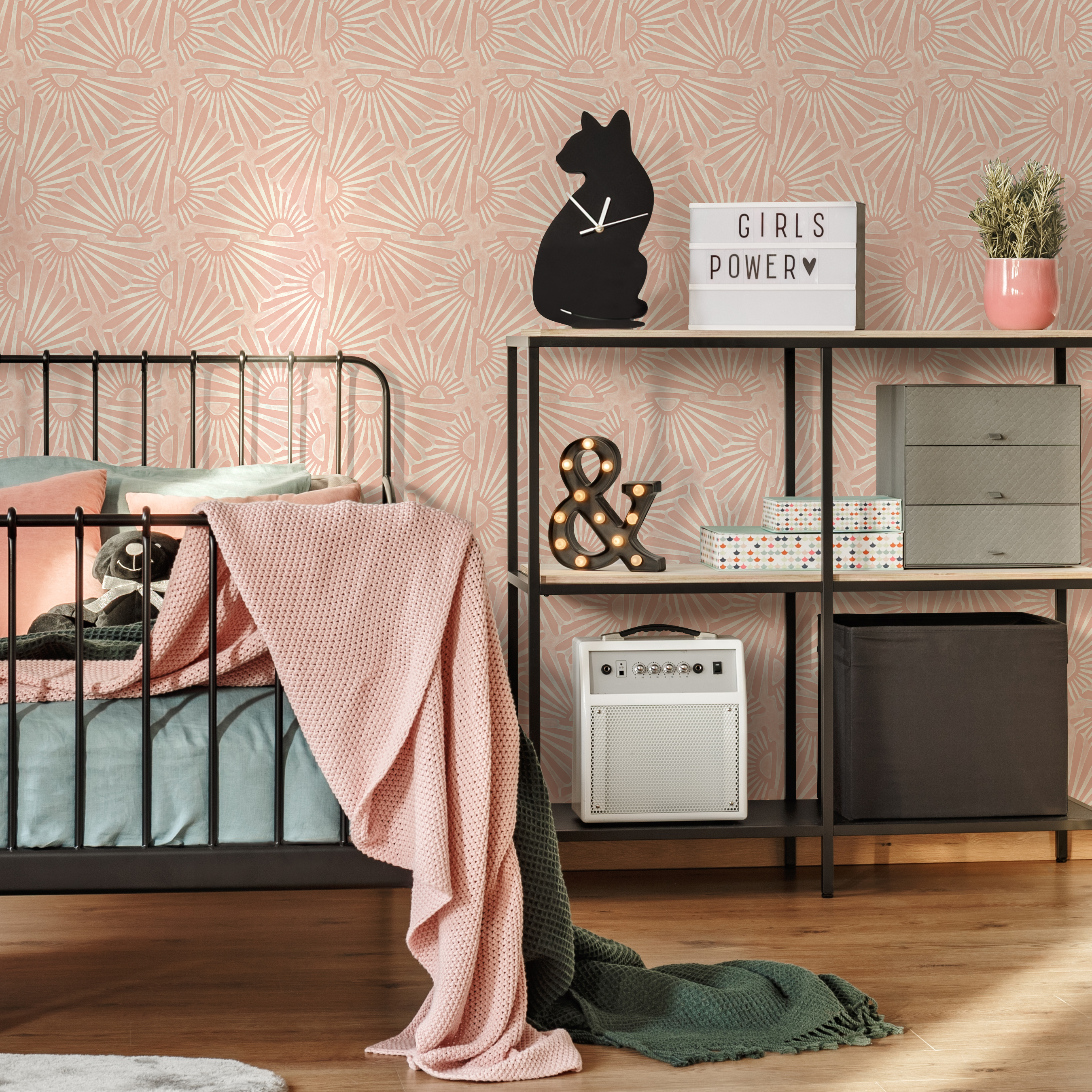 Art Deco Wallpaper With A Sunburst Motif In Pink And Cream - C736