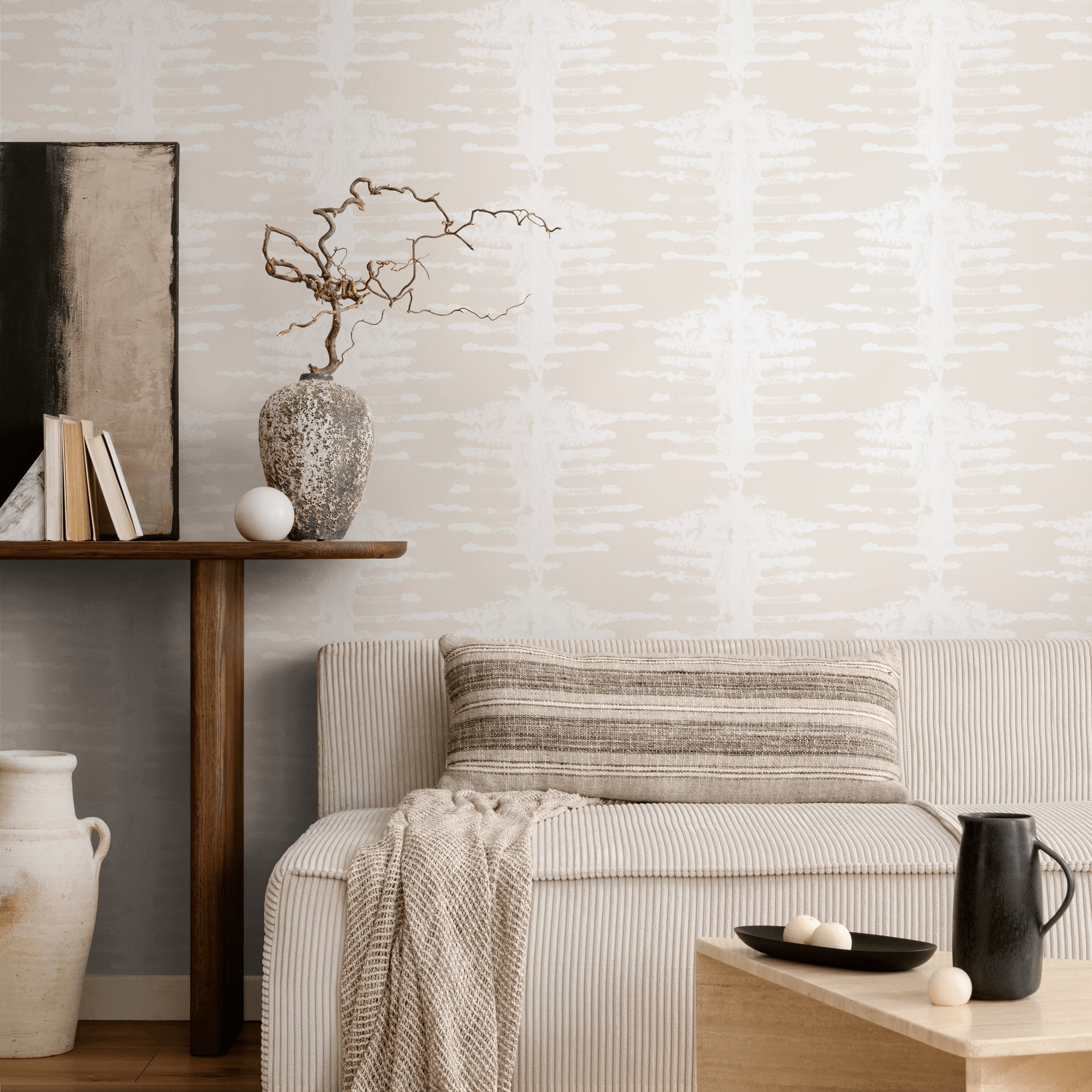 Abstract Wallpaper With Distressed Brushstrokes In Cream And Beige - C740