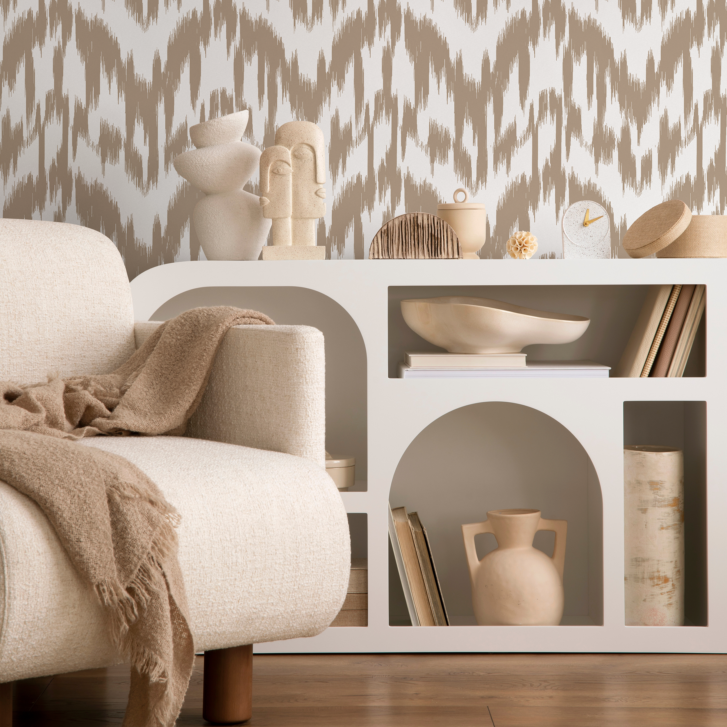Ikat Wallpaper With A Hand-painted Abstract Motif In Beige And Off-white - C743